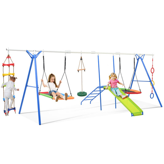 6 in 1 Swing Sets for Outside, Playground Sets for Backyard with Climbing Rope Ladder, Disc Swing, Monkey Bar Swing, Slide and Climbing, Saucer Swing, Multifunctional Outdoor Playset for Kids 3-10