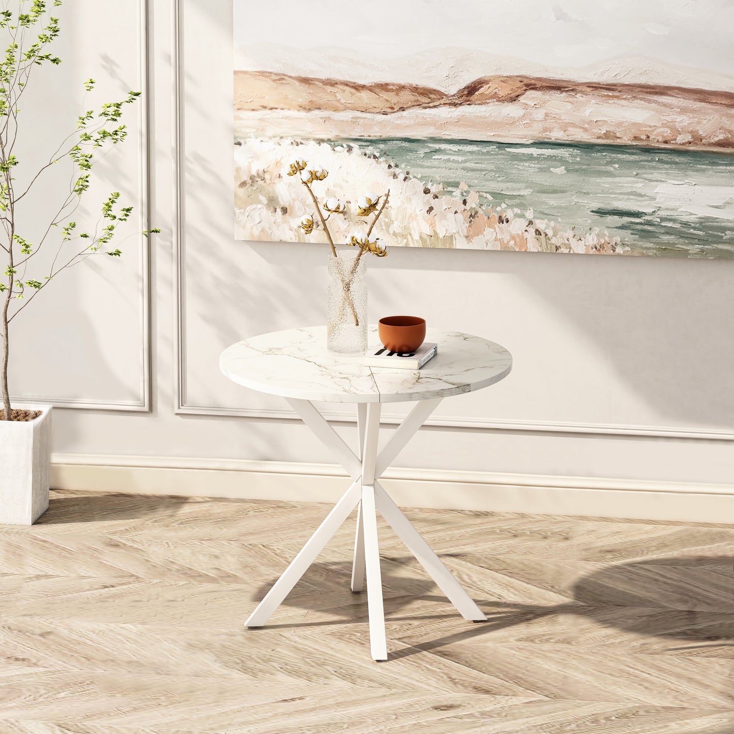 BTMWAY 31.5" Round White Marble Dining Table for 2, Modern Small Space Kitchen Table with Cross Matte Iron Legs, Stylish Removable Top