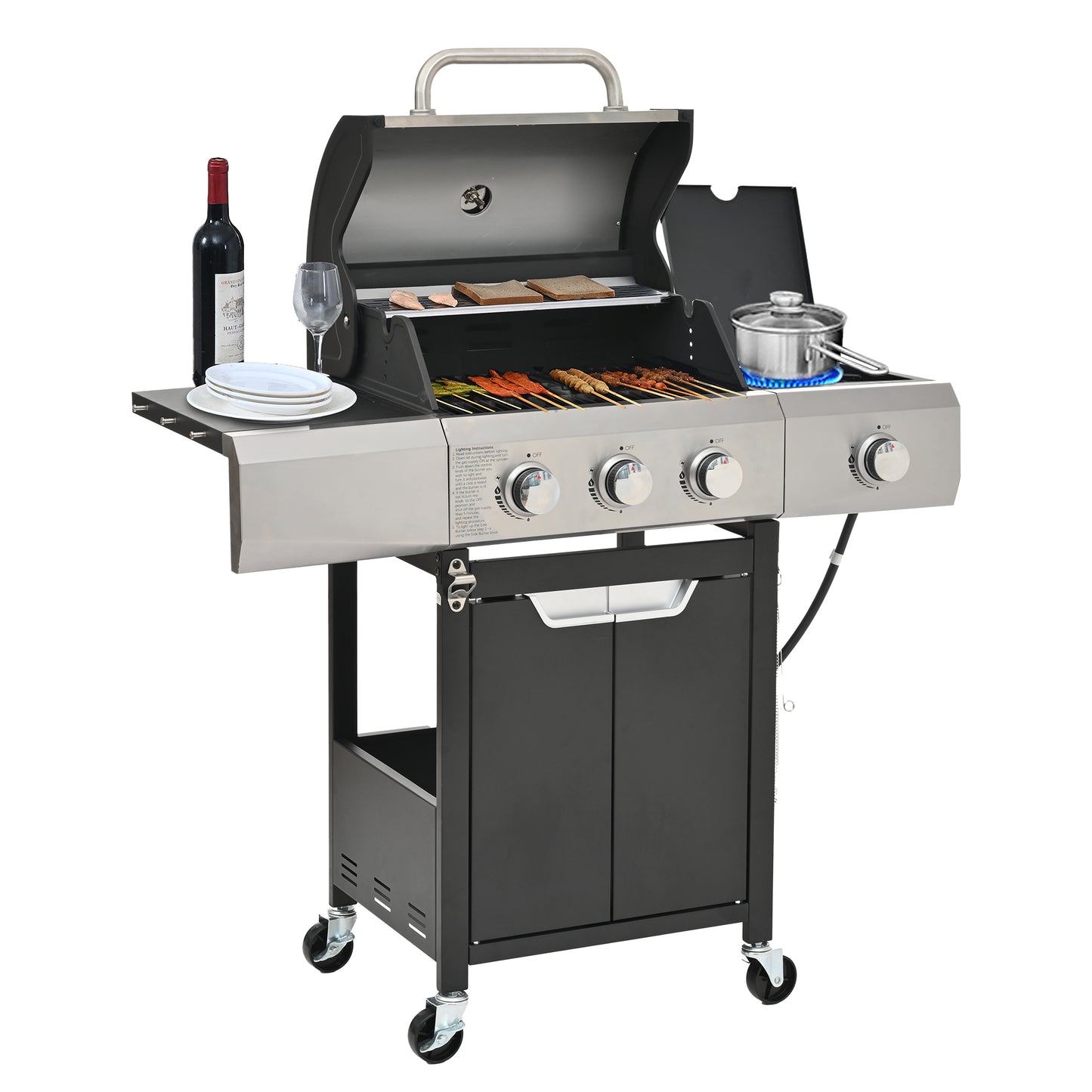 BTMWAY 3-Burner Propane Gas Grill with Side Burner and Cover, Stainless Steel Outdoor BBQ Grill for Camping and Backyard, 40,500 BTU Cooking Power, 376 Sq. In. Grates and Warming Rack