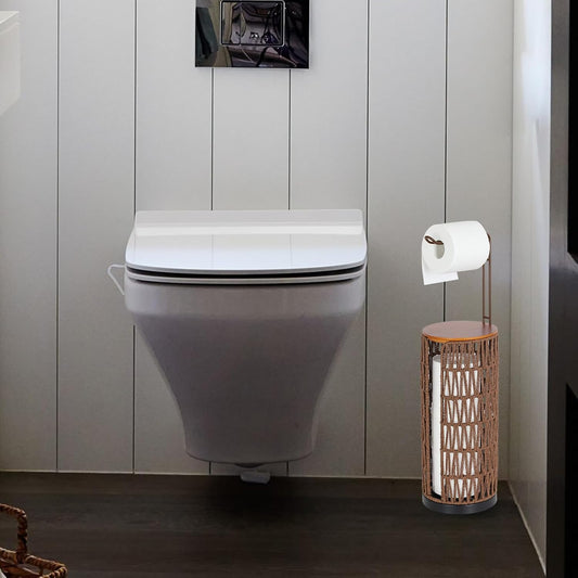 BTMWAY Toilet Paper Holder Free Standing with Shelf, Handmade Woven Toilet Paper Holder Stand for 4 Rolls, Toilet Paper Storage for Phones and Small Items, Tissue Holder for Bathroom