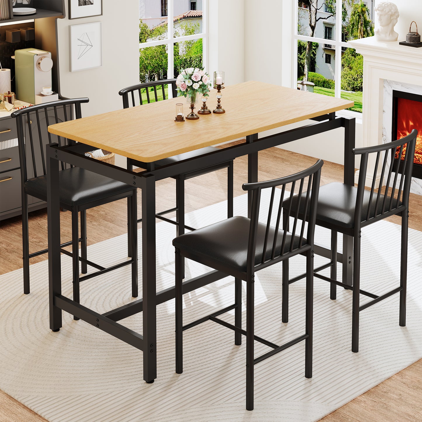 White Marble Dining Table Set for 4, BTMWAY High Top Bar Table Set with Upholstered Stools, Counter Height Dining Table and Chairs Set for Kitchen, Metal Frame Breakfast Nook Table Set, N230