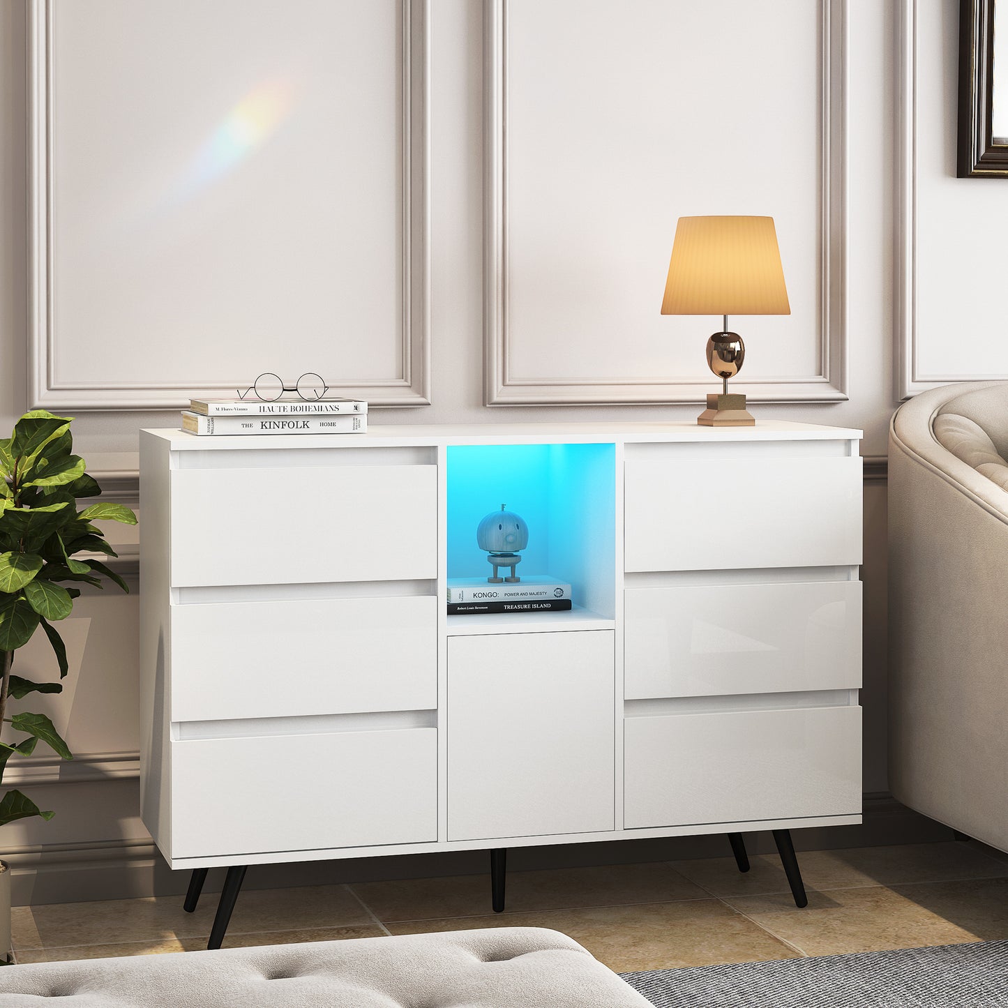 6 Drawer Dressers with Lights, HSUNNS High Gloss White Double Dressers for Living Room with Open Shelf, Wood Chest of 6 Drawers Sideboard Storage Cabinet, Modern Living Room Furniture