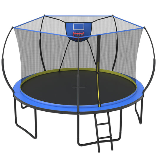 BTMWAY 12ft Trampoline for Kids, Outdoor Trampoline with Basketball Hoop, Recreational Trampolines with 6 Curved Poles, Heavy Duty Trampoline with No-gap Design, Kids's Play Ground Outdoor