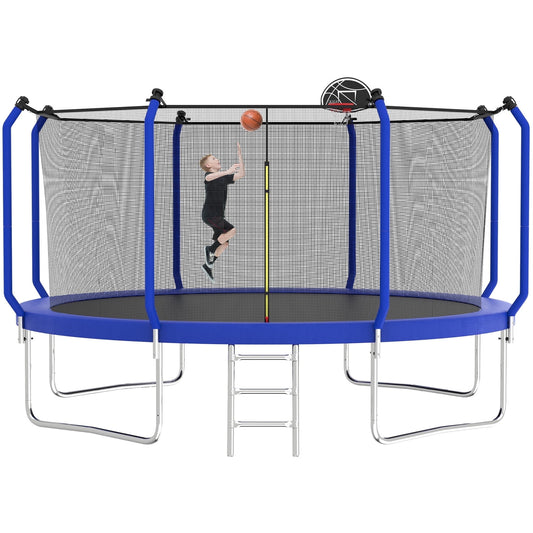 BTMWAY 14ft Trampoline with Basketball Hoop, Outdoor Trampoline with Safety Enclosure Net, Heavy Duty Jumping Mat Spring Cover Padding, Backyard Trampoline for Kids & Adults 1000LBS, Blue