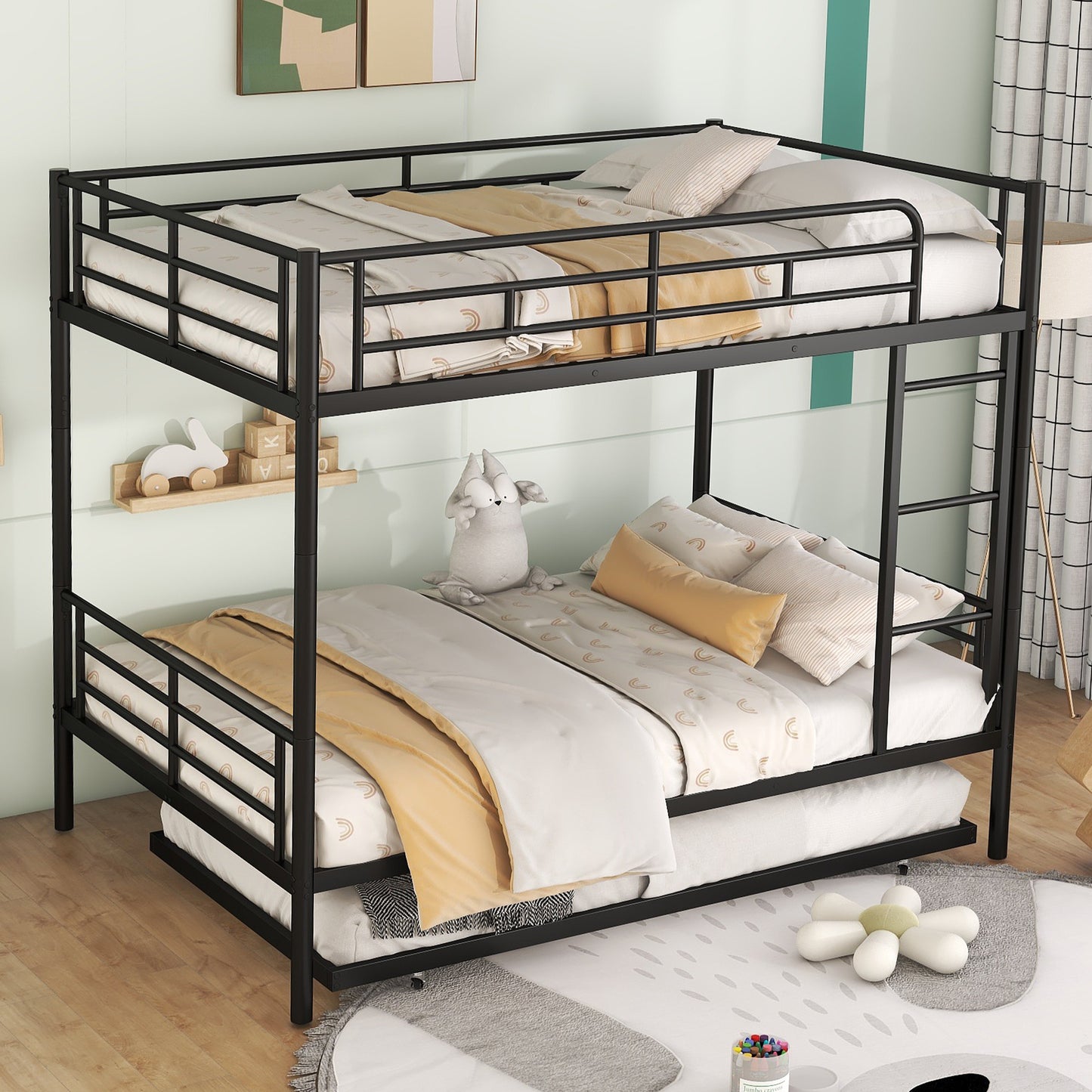 Full Over Full Metal Bunk Beds with Trundle, BTMWAY Convertible Metal Bunkbeds Full Size, Can Be Divided into 3 Beds, with Side Ladders, No Box Spring Needed, 350lbs Capacity, Silver