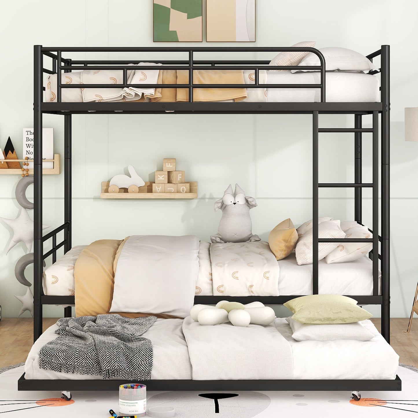 Full Over Full Metal Bunk Beds with Trundle, BTMWAY Convertible Metal Bunkbeds Full Size, Can Be Divided into 3 Beds, with Side Ladders, No Box Spring Needed, 350lbs Capacity, Silver