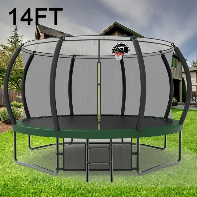 14FT Kids Adults Trampoline, BTMWAY Recreational Trampolines with Basketball Hoop, Safety Enclosure Net, Backyard Trampoline with Heavy Duty Jumping Mat Spring Cover Padding, ASTM Approved-Blue