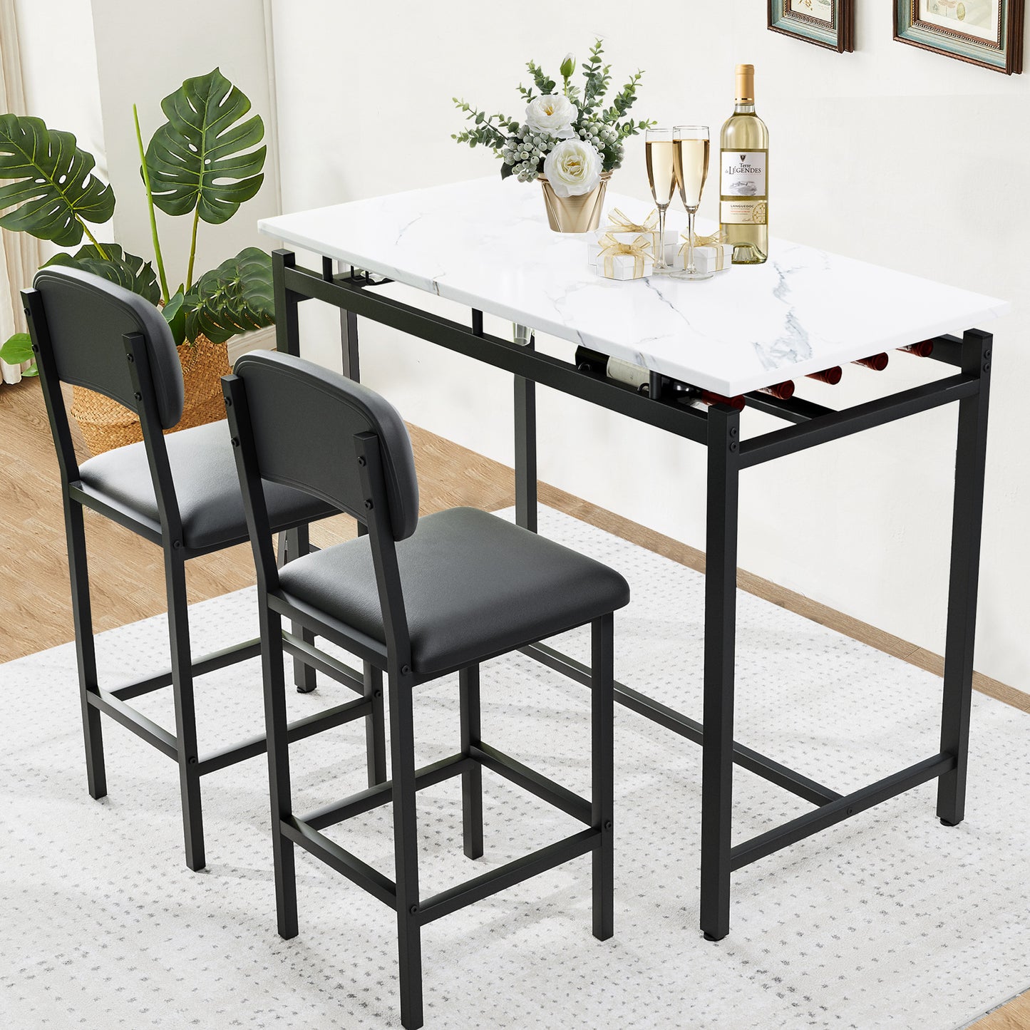 Counter Height Dining Set for 2, BTMWAY 3 Piece Bar Table Set for 2, Kitchen Dining Set with 2 Backrest Chairs, Modern PubTable and Stools Set, Dining Room Table Set for Kitchen Breakfast Nook, Black