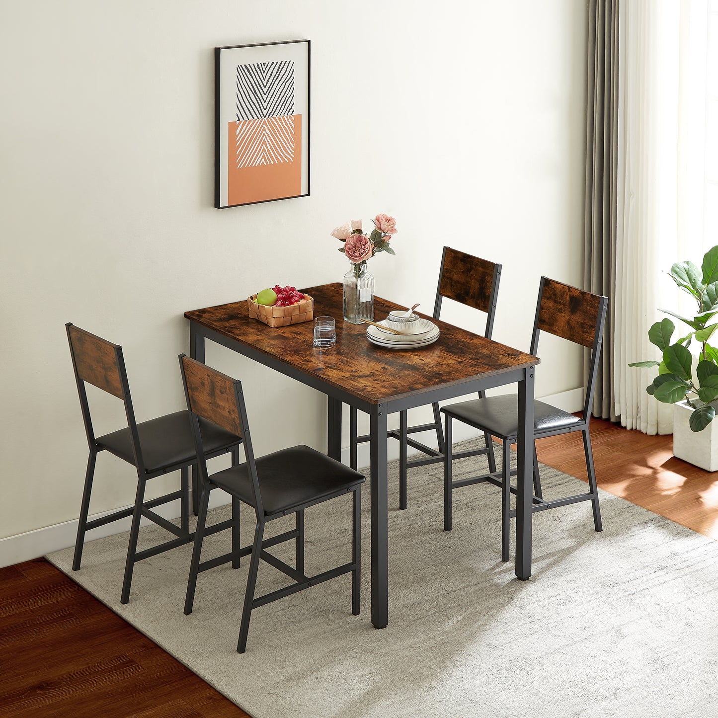 5-Piece Wood Dining Set, BTMWAY Rectangle Dining Table Set with 4 Faux Leather Chairs for 4, Wood and Metal Breakfast Diner Dining set for Small Space, Home Dining Room Kitchen, Brown