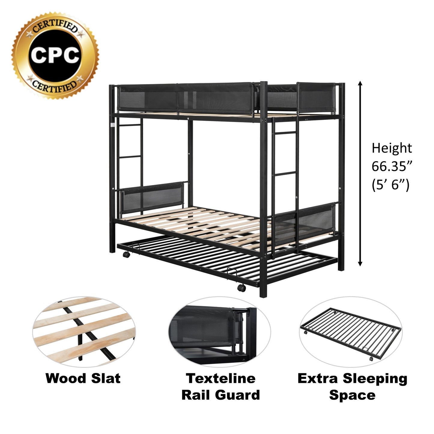 Twin Over Twin Metal Bunk Bed, BTMWAY Metal Convertible Bunk Beds Twin Size with Ladder & Full-Guardrail, Convertible 2 Sets of Twin Bed Frame for Kids Teens, Black