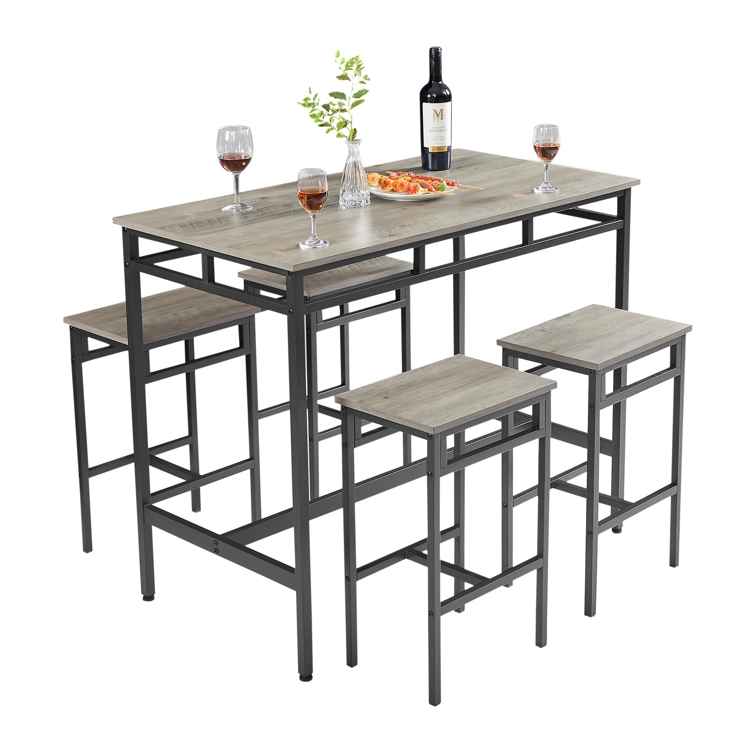 Counter Height Dining Table Set with 4 Stools, BTMWAY Modern Black Dining Table and Stools Set for Kitchen, Counter Height Dining Set, High Top Bar Table Set, Metal Frame Breakfast Nook Table Set