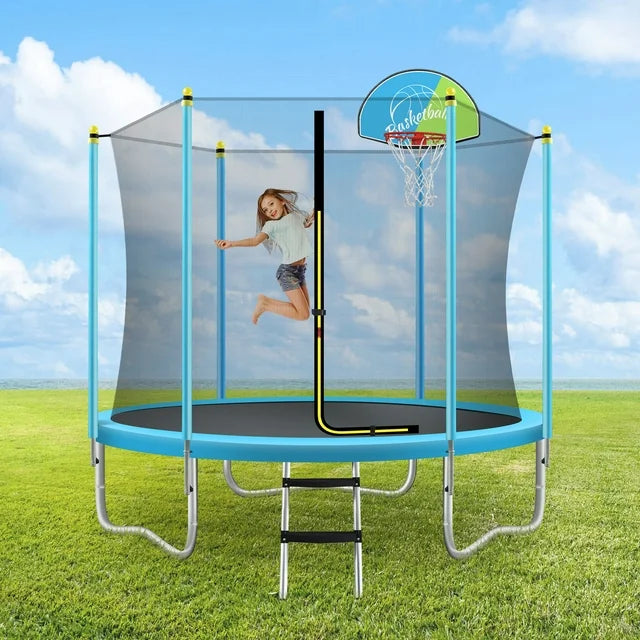 8FT Trampoline for Kids with Safety Enclosure Net Basketball Hoop