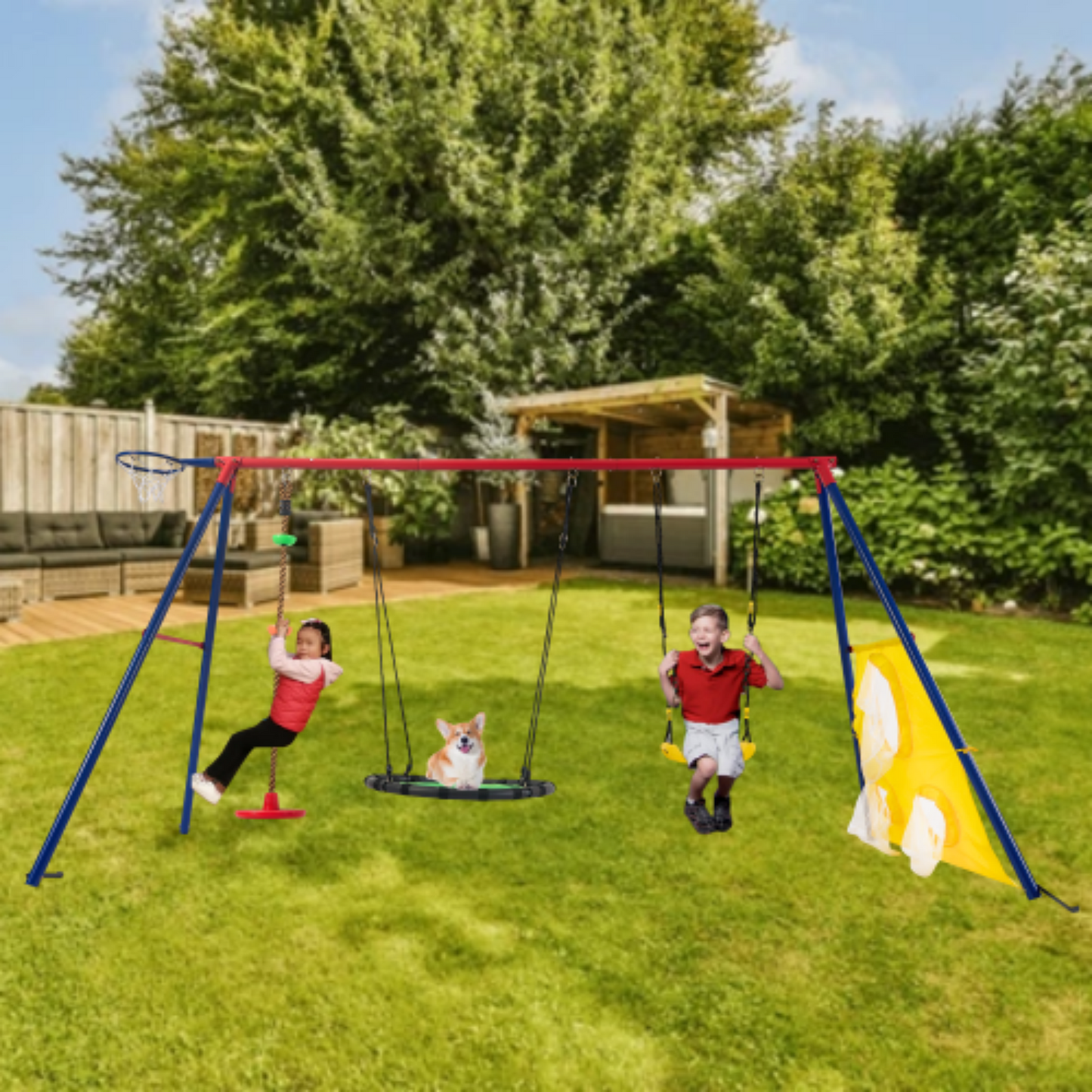 Rainbow Colour 5in1 Swingset, Yardmaster Heavy-Duty Metal Swing Sets with a Large and Small Disc Swing, Kids Swing Sets with Basketball Hoop and Football Net for Outdoor, Yard, Park, Backyard