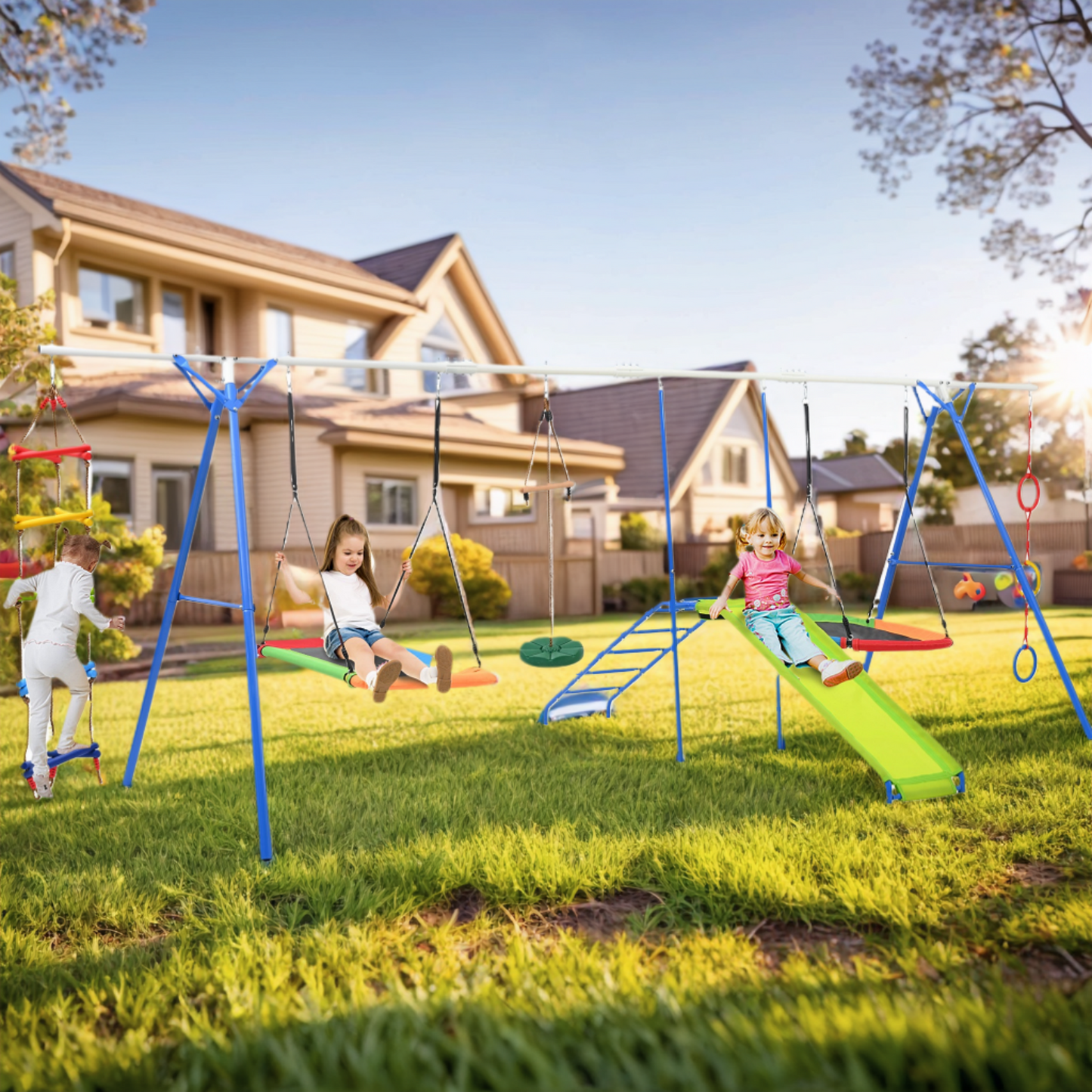 6 in 1 Swing Sets for Outside, Playground Sets for Backyard with Climbing Rope Ladder, Disc Swing, Monkey Bar Swing, Slide and Climbing, Saucer Swing, Multifunctional Outdoor Playset for Kids 3-10