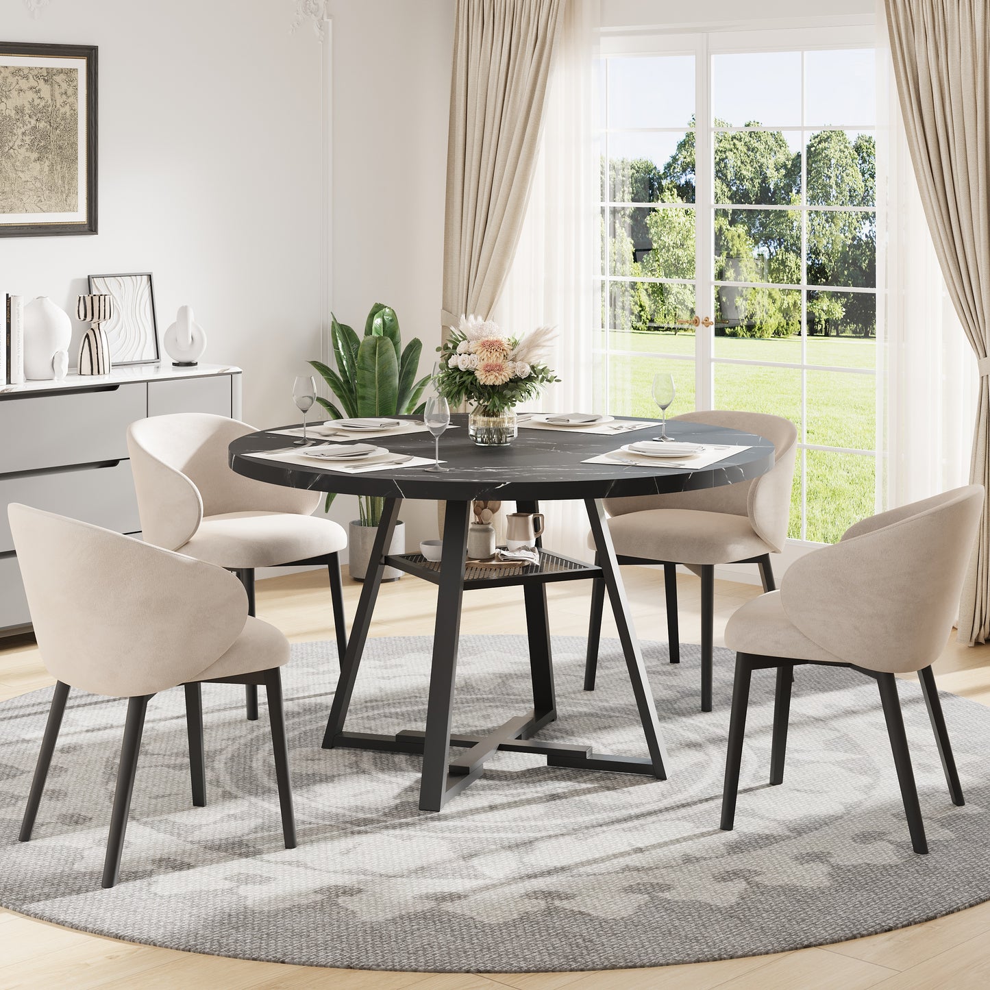 Dining Table for Restaurant, BTMWAY Mid-century White Marble Tulip Style Round Dining Room Table, Contemporary Leisure Coffee Cocktail Table, Metal Pedestal, MDF Top, for 4 Person