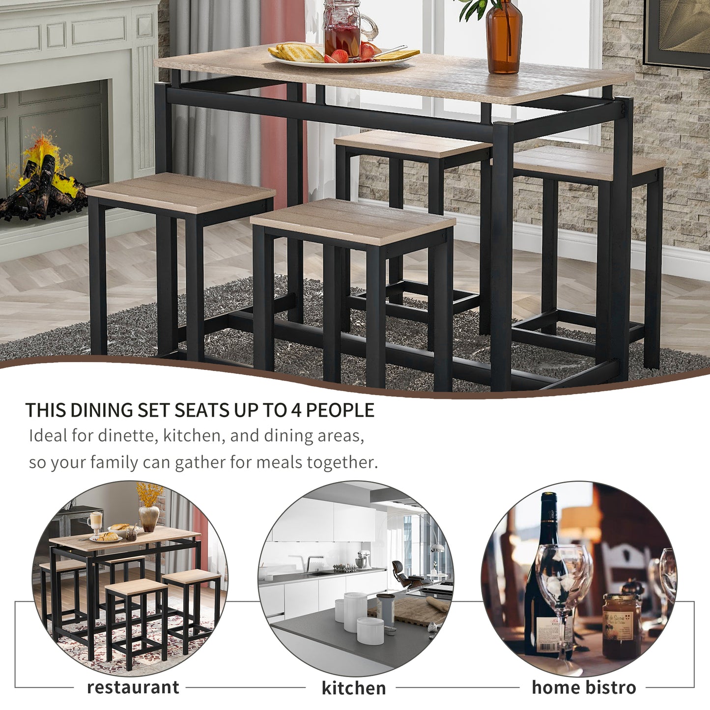 Rustic Brown Dining Set for 4, BTMWAY Counter Height Metal Dining Set with Cushioned Stools, High Top Breakfast Nook Table Set, PU Leather Padded Stools, 47" Rustic Brown Rectangular Table, A5336