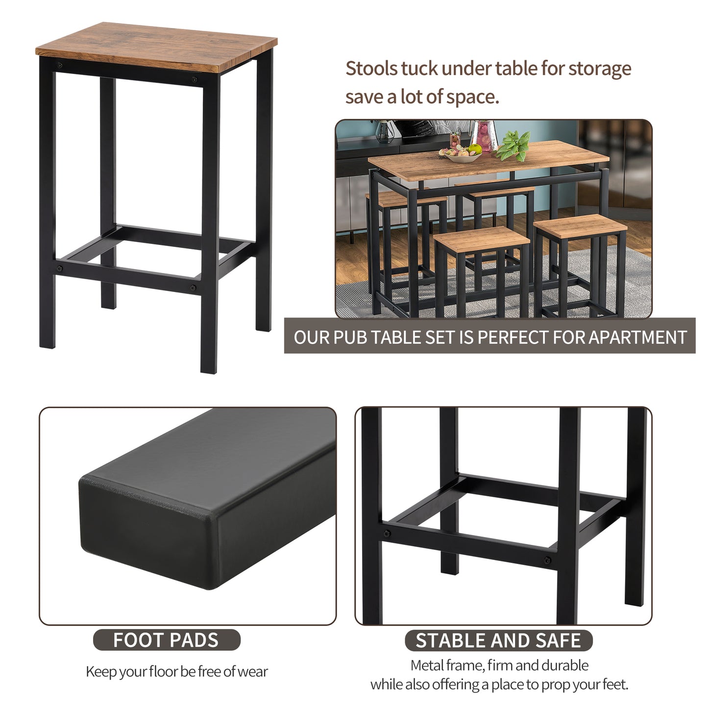 Counter Height Kitchen Table Set with Chairs, Contemporary Bar Table and Stools Set, Brown Metal Dining Room Table and Chairs Set, Pub Dining Set, Breakfast Nook Set for Living Room Bistro