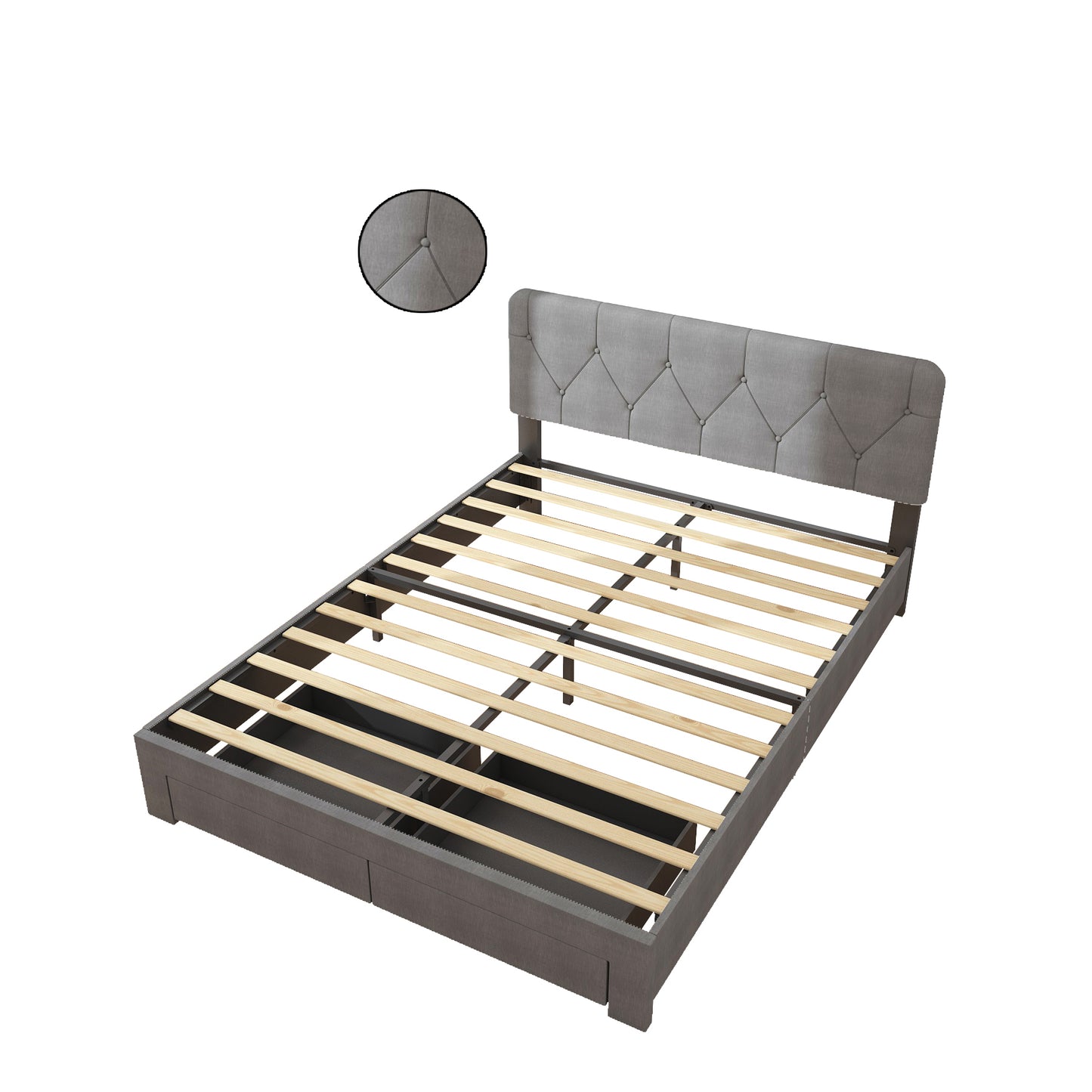 Queen Size Upholstered Bed, BTMWAY Tufted Linen Fabric Platform Bed with Storage Drawers and Adjustable Headboard, Wood Slatted Support, No Box Spring Needed, Modern Bedroom Furniture, Gray