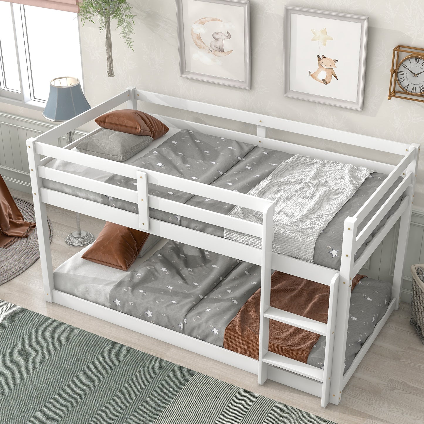 Wood Twin Over Twin Floor Bunk Bed, BTMWAY Low Twin Size Bunk Beds for Kids, Floor BunkBed Frame with Ladder and Guardrails, Load Capacity - 200lbs, for Boys Girls, No Box Spring Needed, White