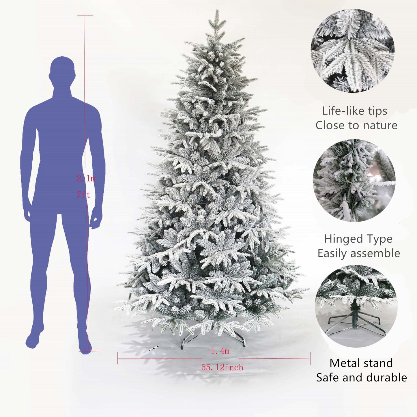 BTMWAY Snow Flocked Christmas Tree,7ft Artificial Hinged Pine Tree with White Realistic Tips