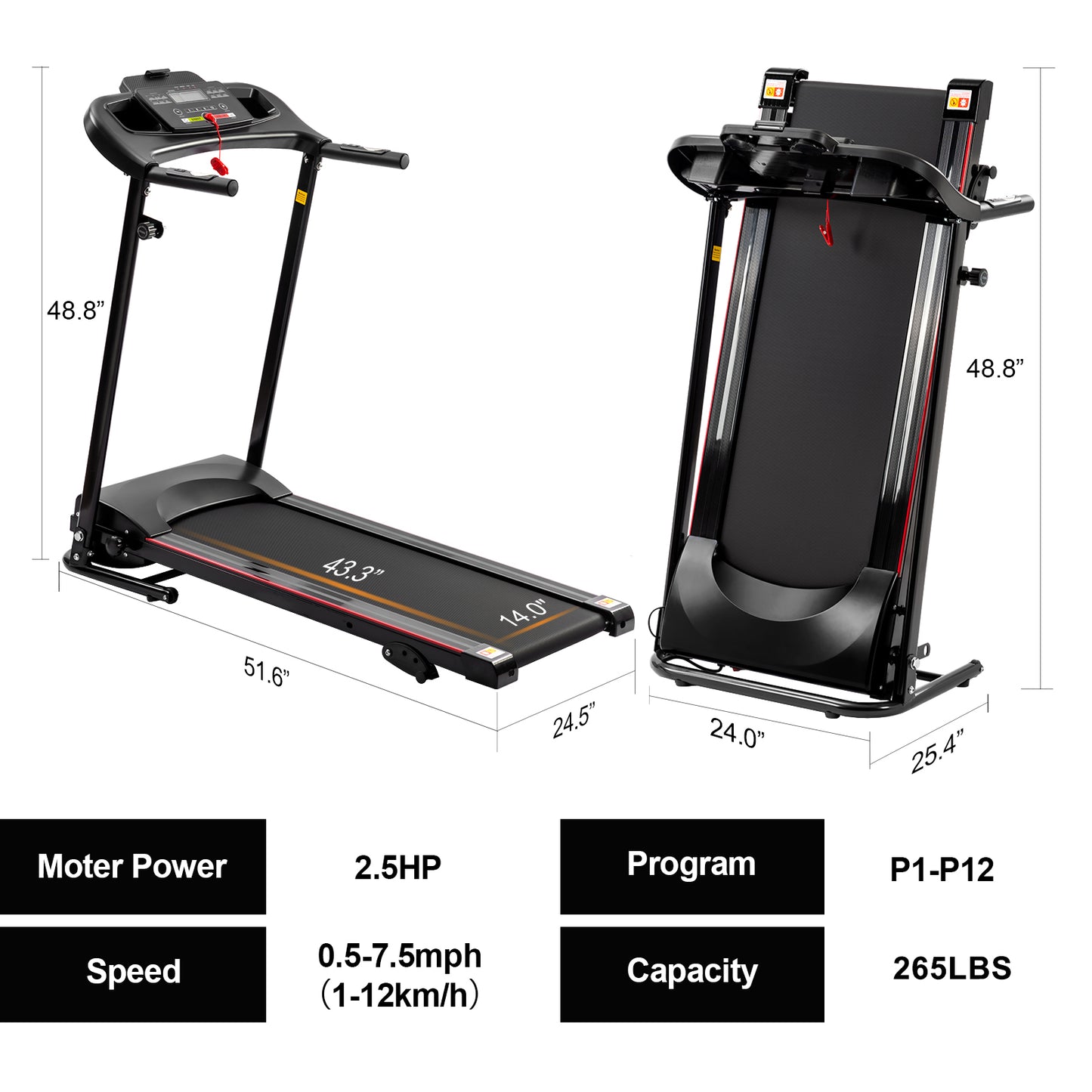 Foldable Treadmill with Incline, Treadmills for Home with LCD Display, Bluetooth Music, Cup Holder, Heart Rate Sensor, Portable Running Machine for Indoor Gym Running Walking Jogging Exercise Fitness