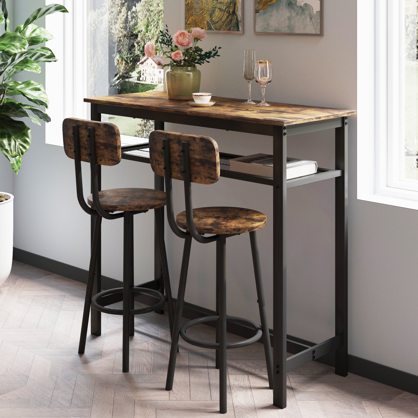 3 Piece Bar Table Set, BTMWAY Small Pub Table Set for 2, Industrial Square Counter Height Dining Set with Back Support Chairs, Metal Breakfast Nook Table Set with Shelf for Small Space, Brown