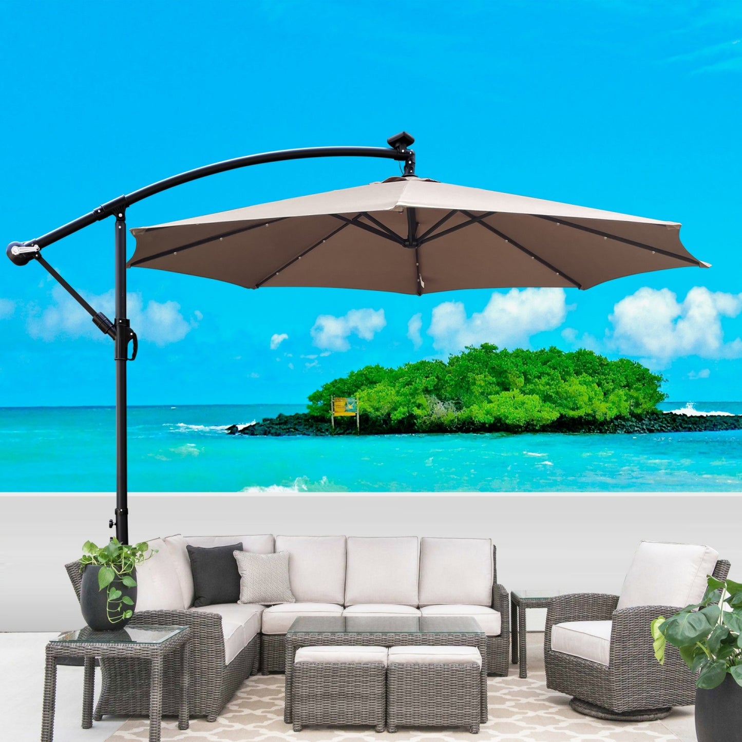 10ft Outdoor Patio Umbrellas with 24 LED Lights, Cantilever Hanging Umbrellas with 8 Ribs, Crank and Cross Base, Outdoor Umbrellas for Patio, Garden, Deck, Backyard, Pool, Deck, Swimming Pool