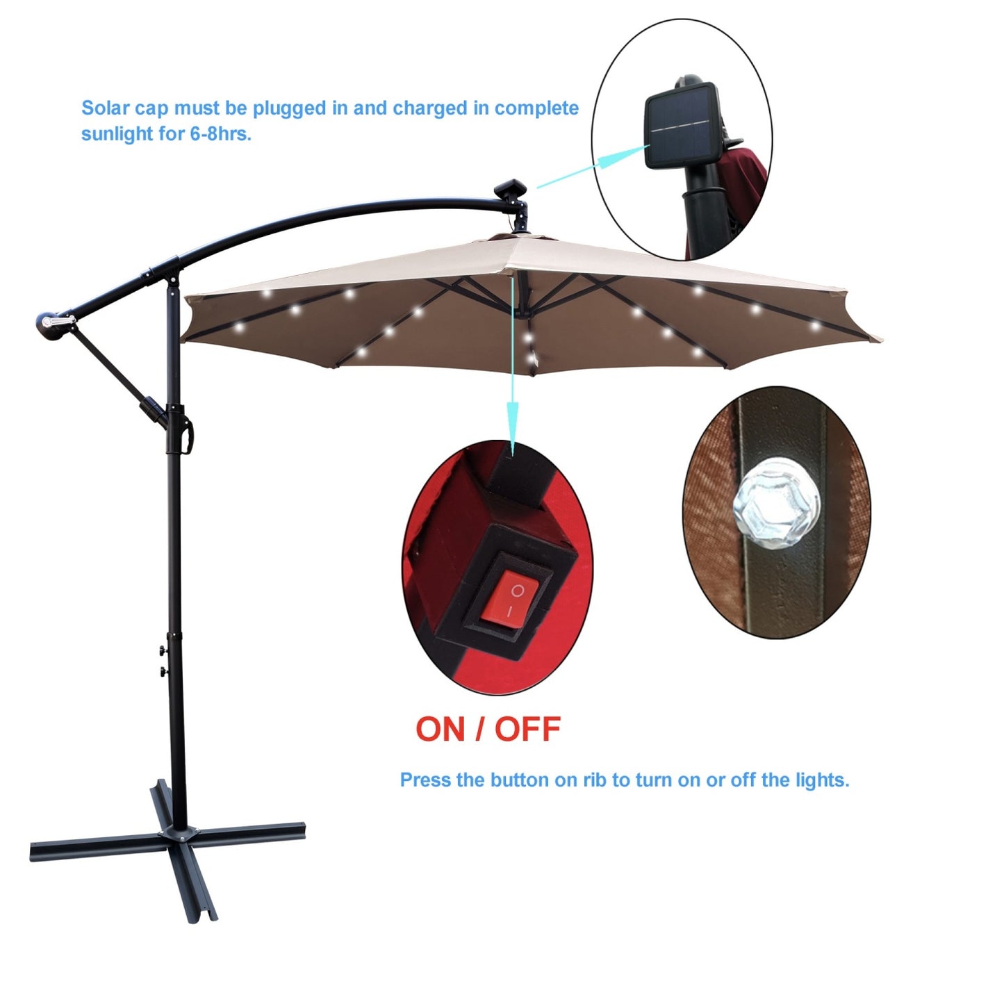 10ft Outdoor Patio Umbrellas with 24 LED Lights, Cantilever Hanging Umbrellas with 8 Ribs, Crank and Cross Base, Outdoor Umbrellas for Patio, Garden, Deck, Backyard, Pool, Deck, Swimming Pool