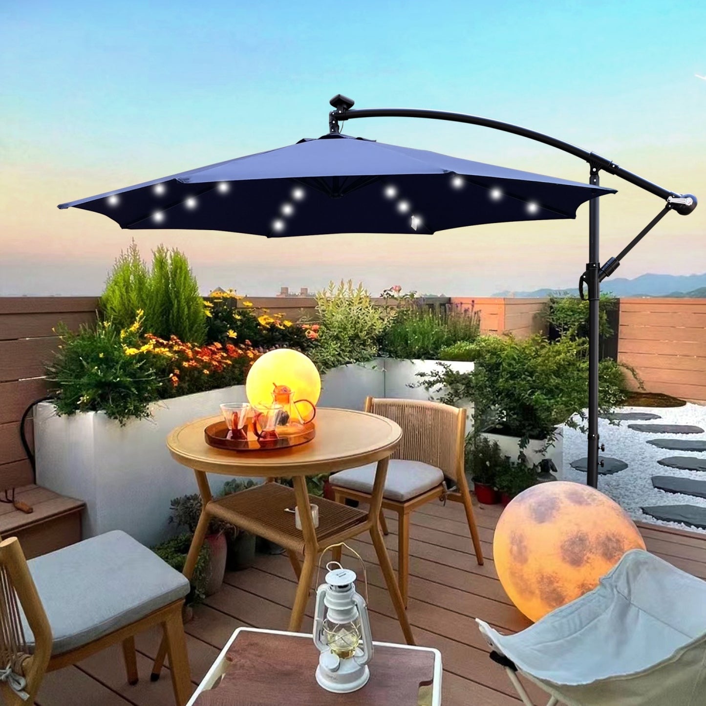 10ft Outdoor Patio Umbrellas with 24 LED Lights, Cantilever Hanging Umbrellas with 8 Ribs, Crank and Cross Base, Outdoor Umbrellas for Patio, Garden, Deck, Backyard, Pool, Deck, Swimming Pool