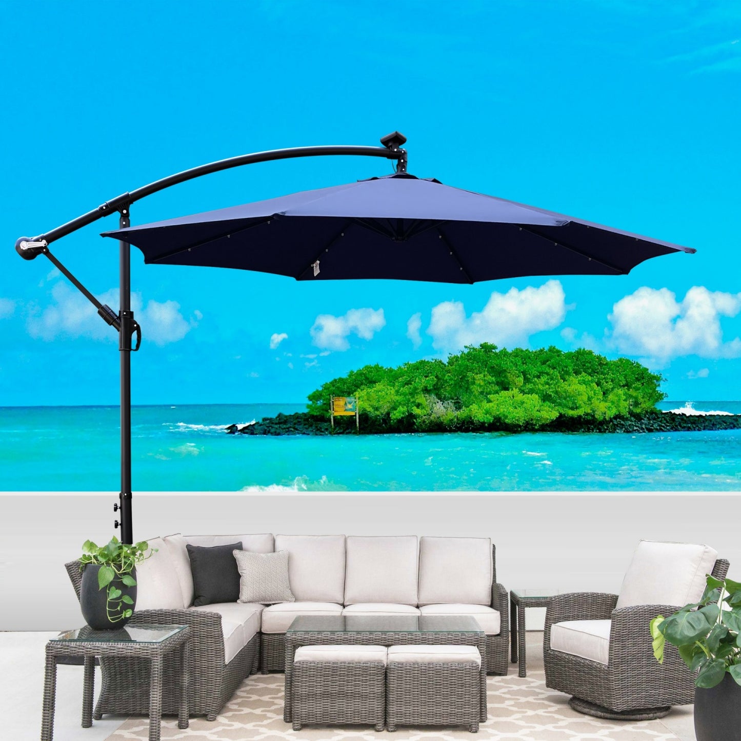 10ft Outdoor Patio Umbrellas with 24 LED Lights, Cantilever Hanging Umbrellas with 8 Ribs, Crank and Cross Base, Outdoor Umbrellas for Patio, Garden, Deck, Backyard, Pool, Deck, Swimming Pool