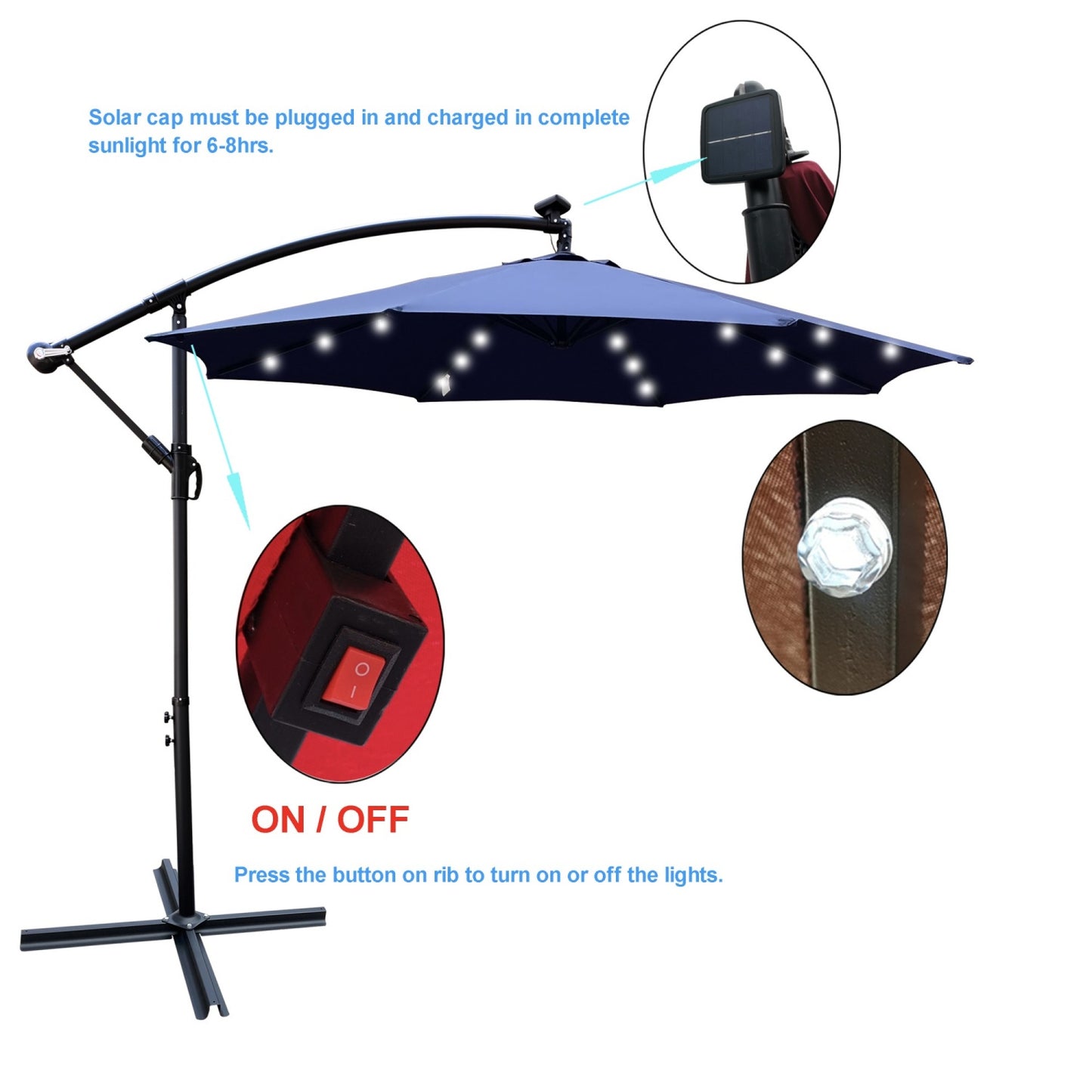10ft Outdoor Patio Umbrellas with 24 LED Lights, Cantilever Hanging Umbrellas with 8 Ribs, Crank and Cross Base, Outdoor Umbrellas for Patio, Garden, Deck, Backyard, Pool, Deck, Swimming Pool
