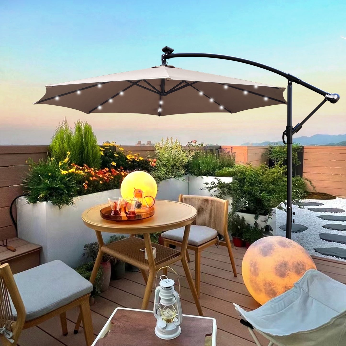 10ft Outdoor Patio Umbrellas with 24 LED Lights, Cantilever Hanging Umbrellas with 8 Ribs, Crank and Cross Base, Outdoor Umbrellas for Patio, Garden, Deck, Backyard, Pool, Deck, Swimming Pool