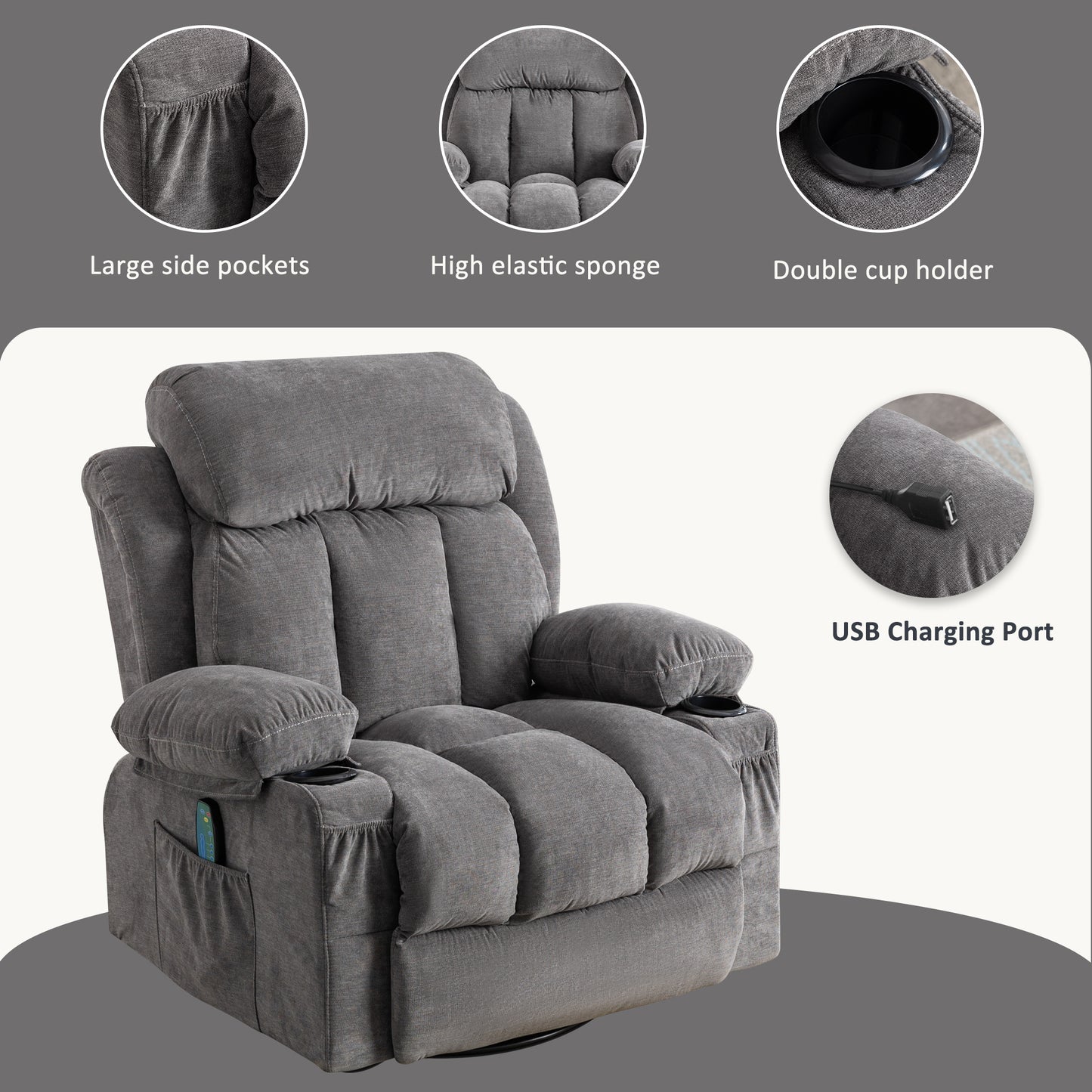 Rocker Recliner Chair, HSUNNS Swivel Rocking Chair Massage Recliner for Adults, 24.4in Wide Oversized Manual Recliner Chairs with Massage and Heat, with 2 Cup Holders, USB Charge Port, Gray