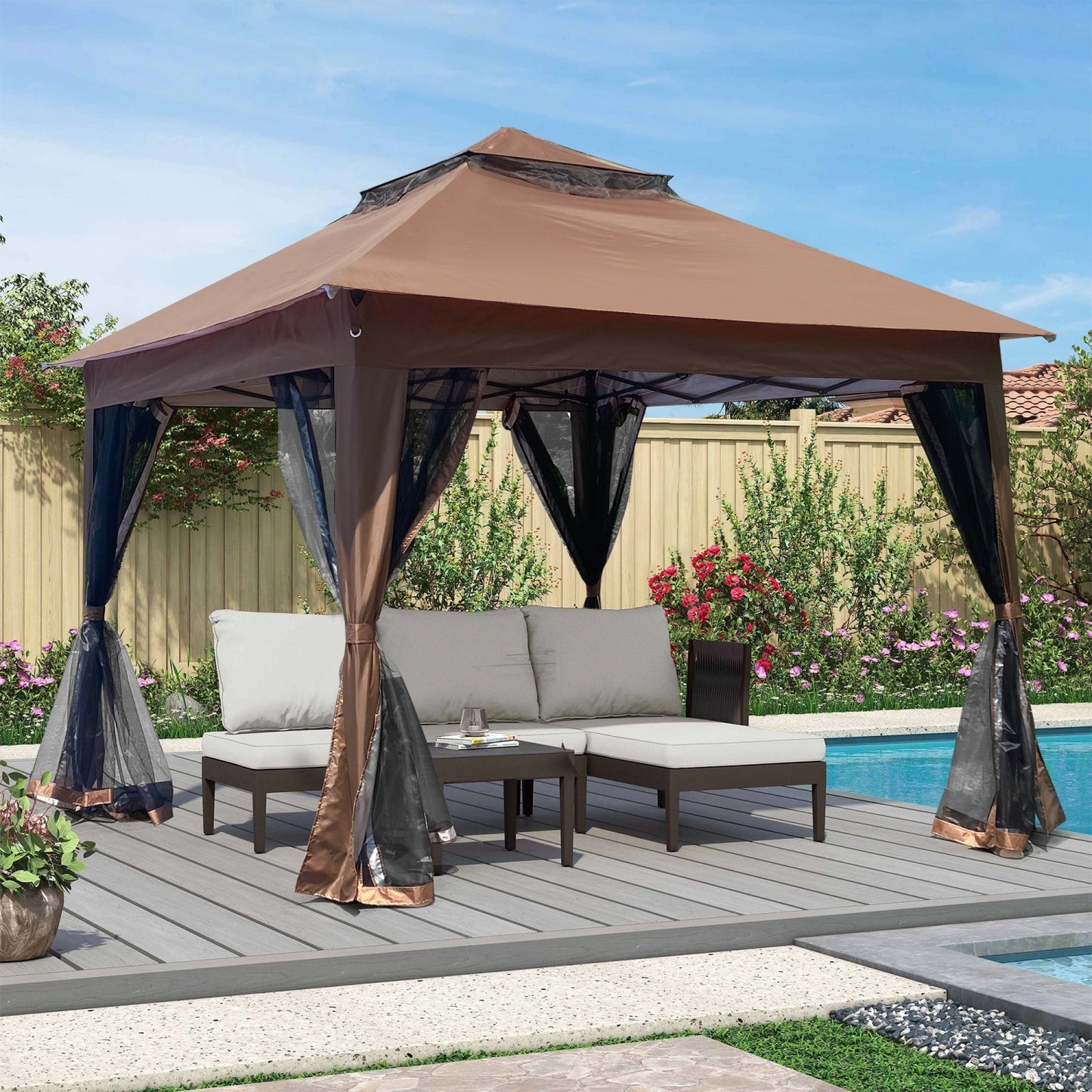 11x 11 Outdoor Pop Up Gazebo with Double Roof, Patio Canopy Tent with Mosquito Netting & UV Protection, Outdoor Waterproof Gazebo for Patio Backyard Garden Parties, Outdoor Events