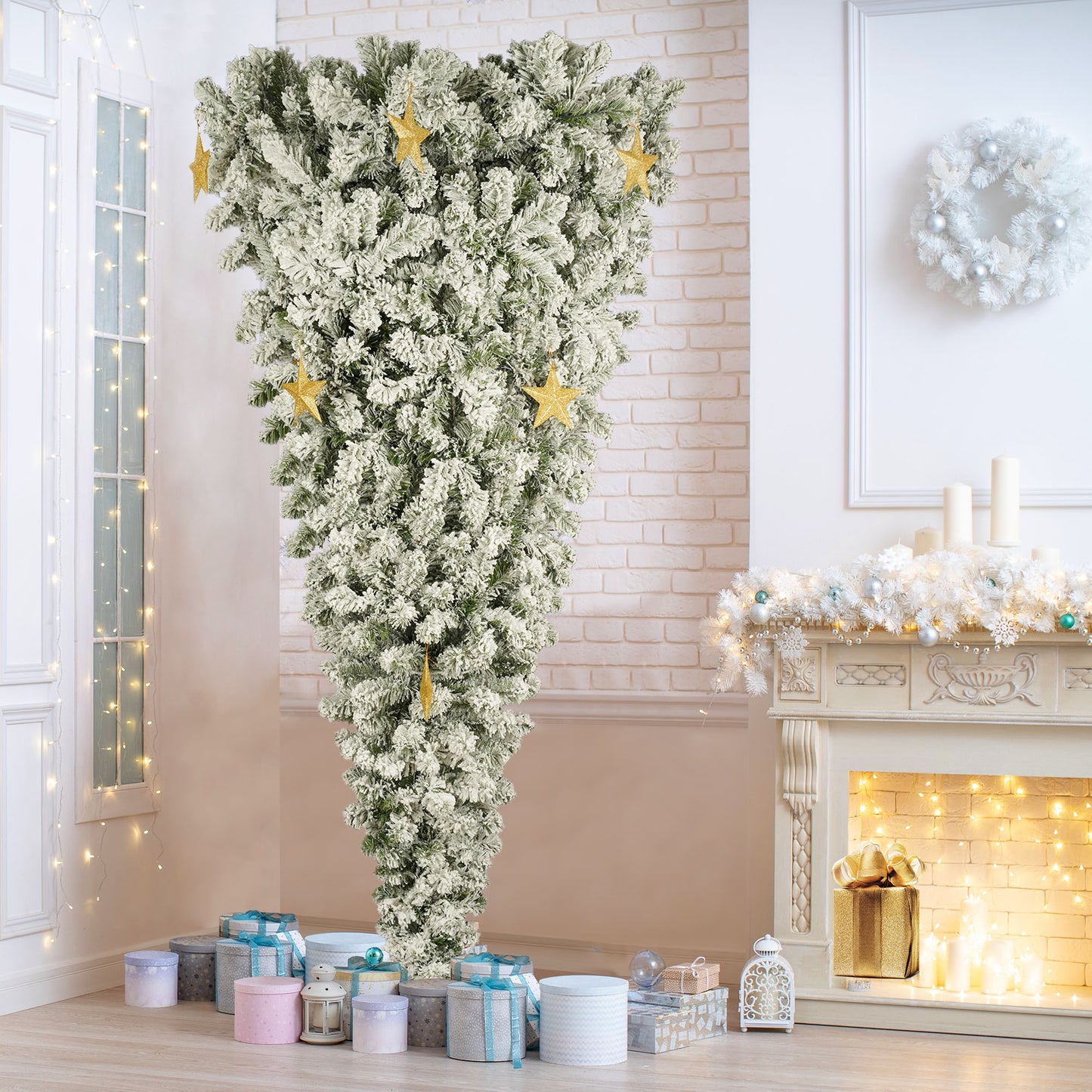 BTMWAY 7.5ft Upside Down Christmas Tree, Artificial Holiday Christmas Pine Tree