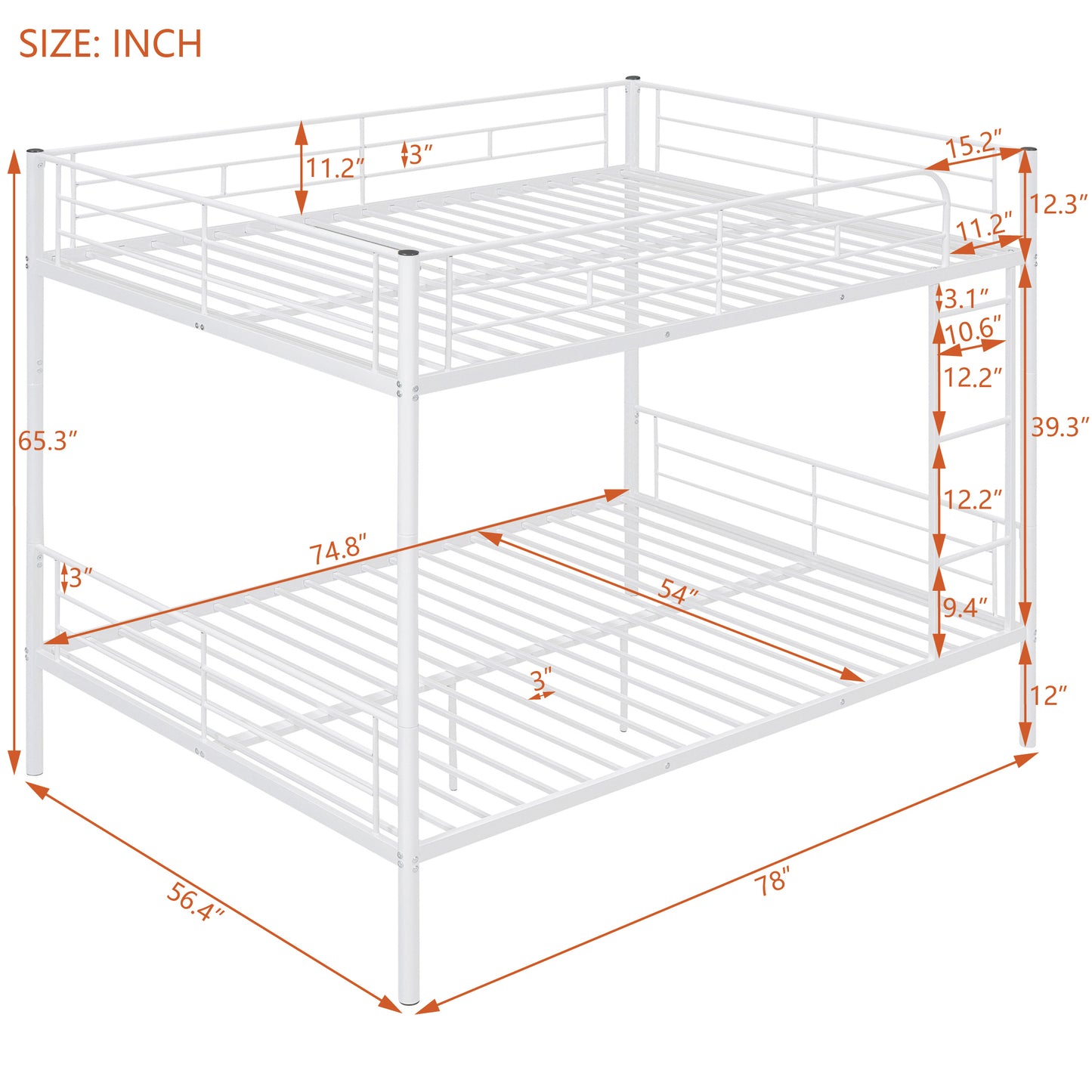 Full over Full Bunk Beds, BTMWAY Metal Bunk Beds Full Over Full Size, Full Size Convertible Bunk Beds for Kids Teens Adults, with Ladder and Safety Guardrails, Load-Bearing 350lbs, Noise-Free, White