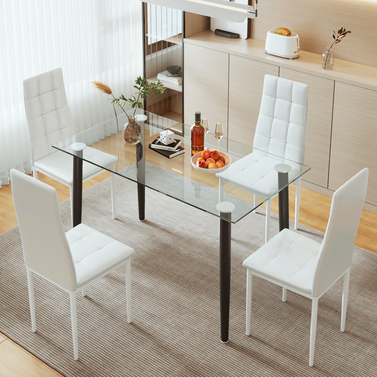 5 Piece Dining Table Set, BTMWAY Glass Tabletop and PU Leather Upholstered Chairs for 4, Rectangular Dinette Sets for Breakfast Nook Living Room, Modern Dining Room Table Set, Black