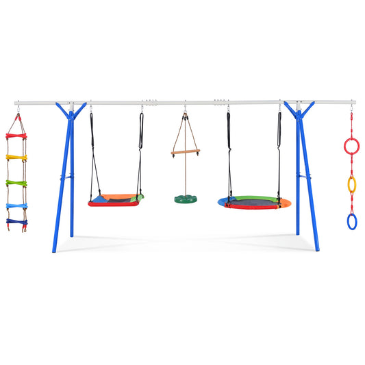 5 in 1 Swingset Outdoor for Kids, Backyard Playground Set with Steel Frame, Multifunction Playsets for Kids with Climbing Ladder, Saucer Swing, Monkey Bar Swing, Disc Swing and Swing Ring