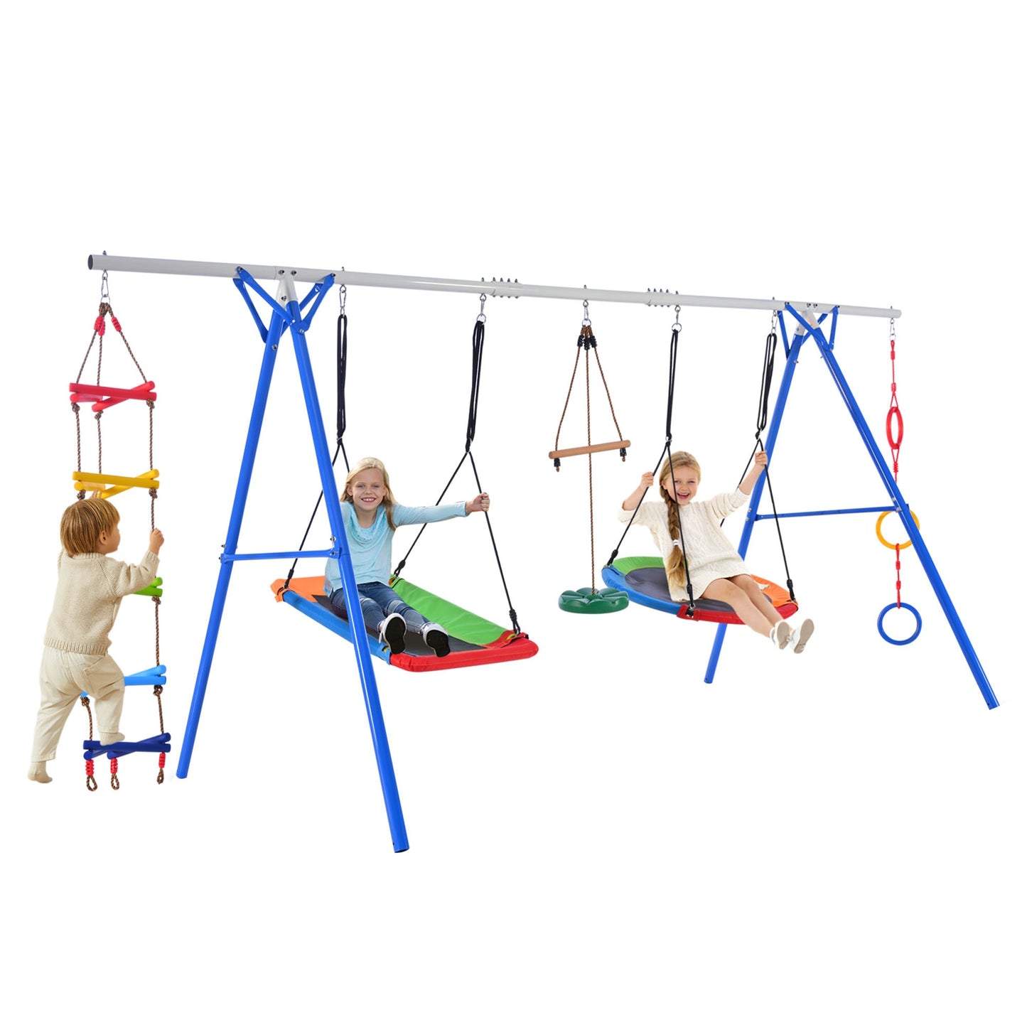 5 in 1 Swingset Outdoor for Kids, Backyard Playground Set with Steel Frame, Multifunction Playsets for Kids with Climbing Ladder, Saucer Swing, Monkey Bar Swing, Disc Swing and Swing Ring