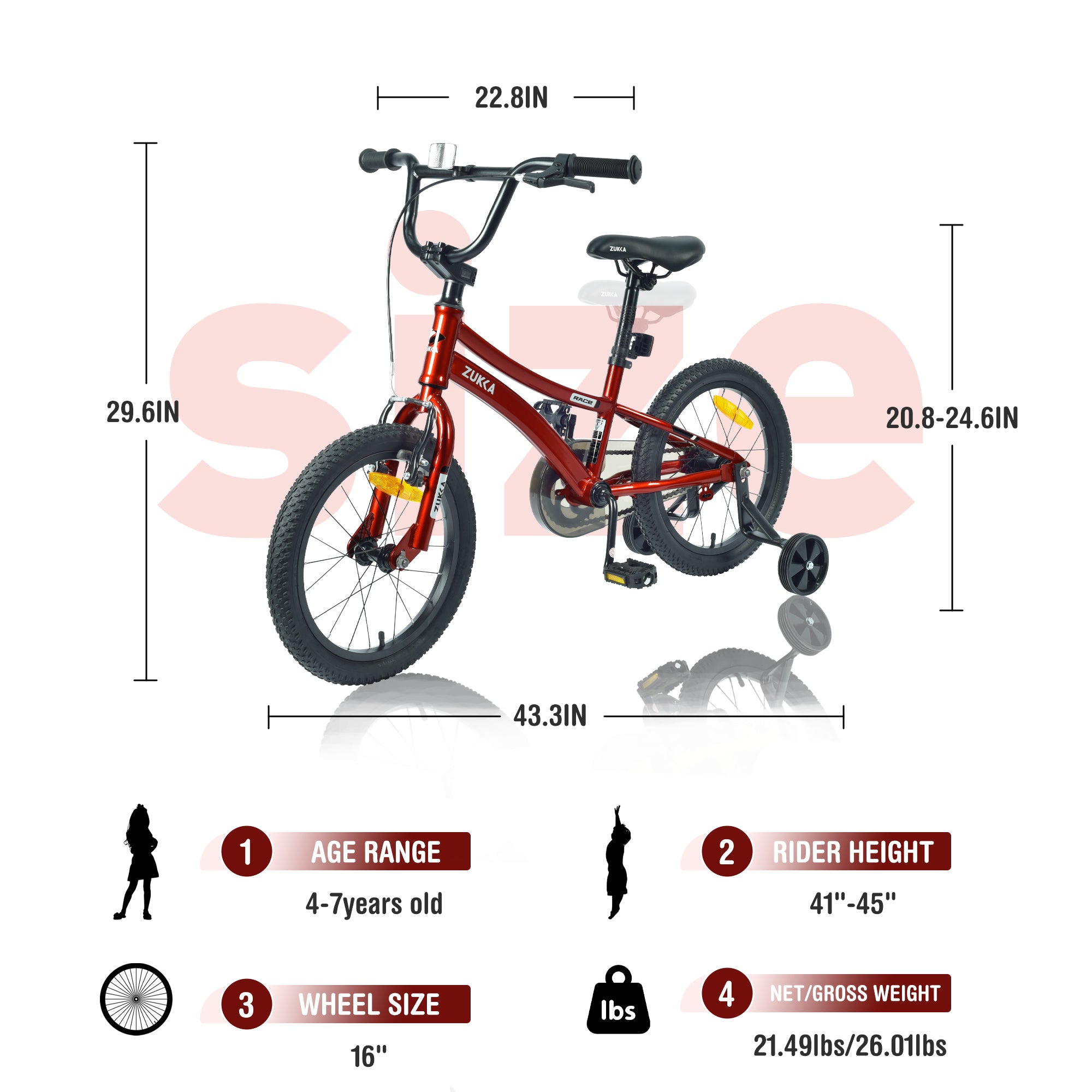 16 Inch Kids Bike with Front Handbrake and Training Wheels - Purple