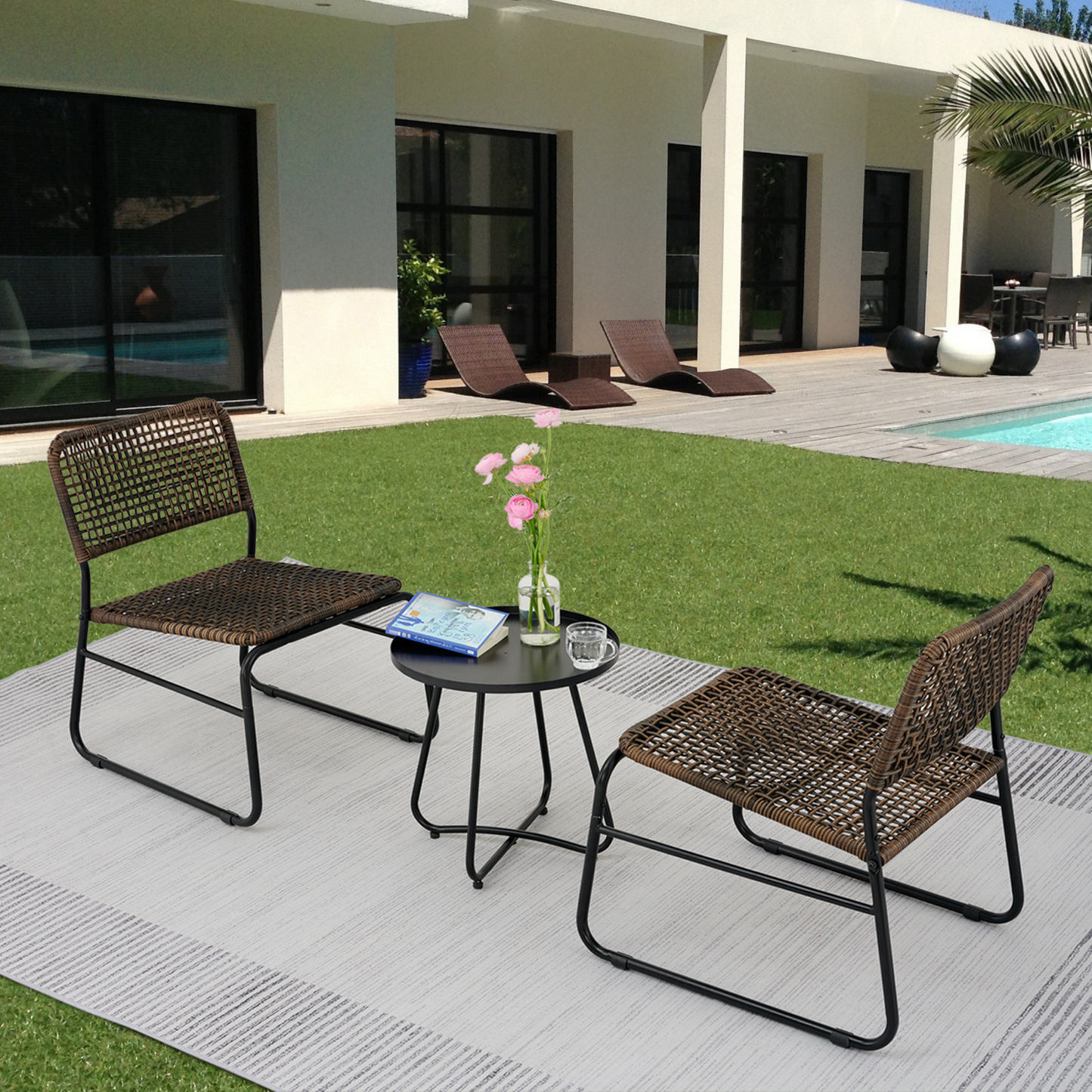 BTMWAY Outdoor Patio Furniture Set 3 Piece, Patio Conversation Sets with Wicker Rattan Chair and Coffee Table, Bistro Table and Chairs Set of 2, Small Patio Set for Patio, Balcony, Porch, Backyard