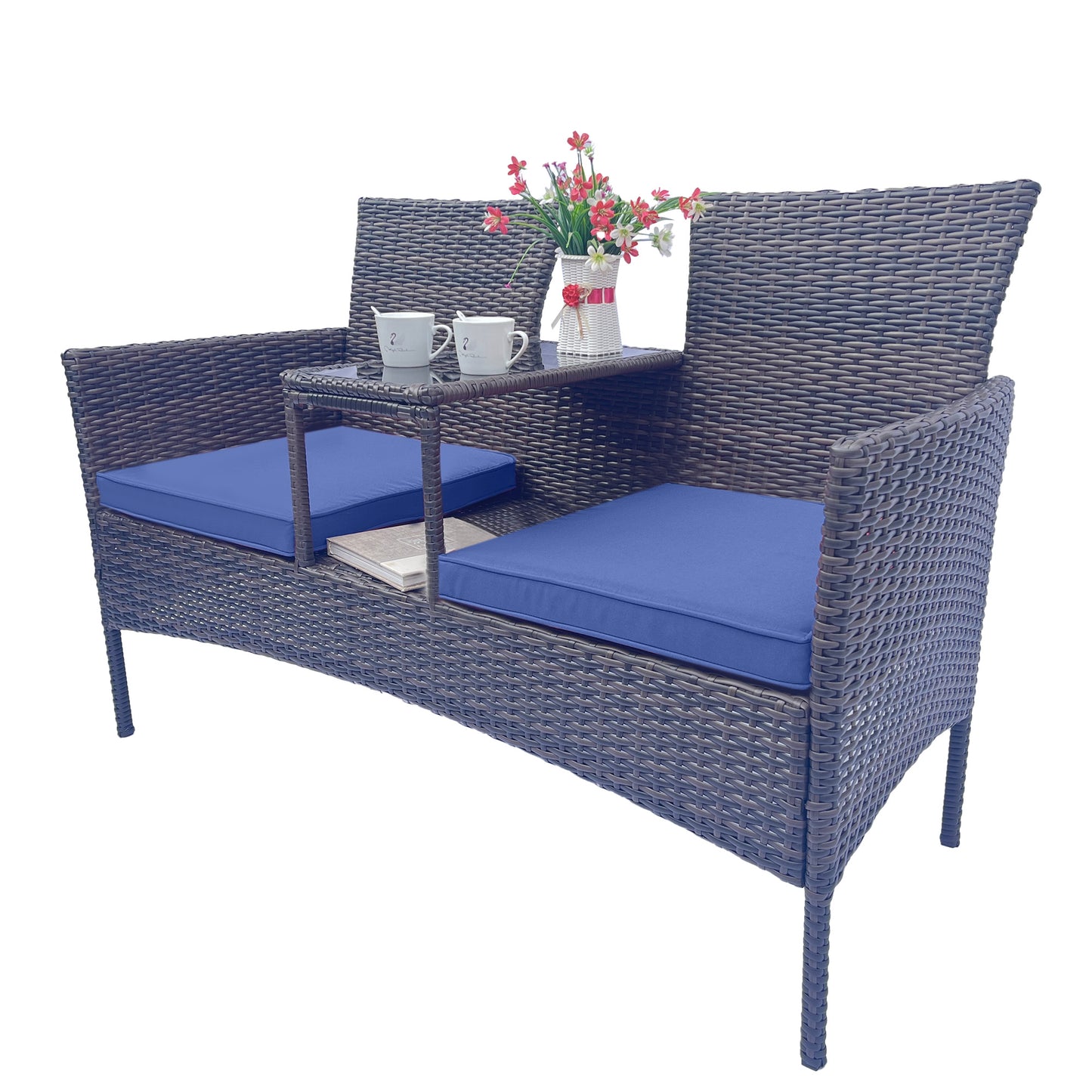 BTMWAY Wicker Patio Conversation Furniture Set, Outdoor Furniture Set with Removable Cushions & Table, Tempered Glass Top, Modern Rattan Bench for Garden Lawn Backyard, Blue