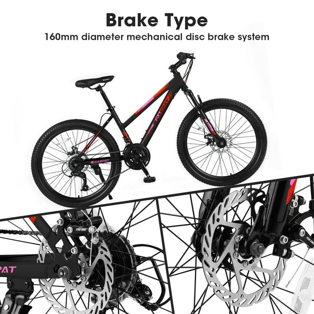 24 inch/26 inch Mountain Bike for Men Boys, 21 Speed Hardtail Adult Bicycle with Dual Disc Brake, 100mm Front Suspension, Ergonomic Steel Frame, High-Quality Tires Bicicleta de Montaña-Black