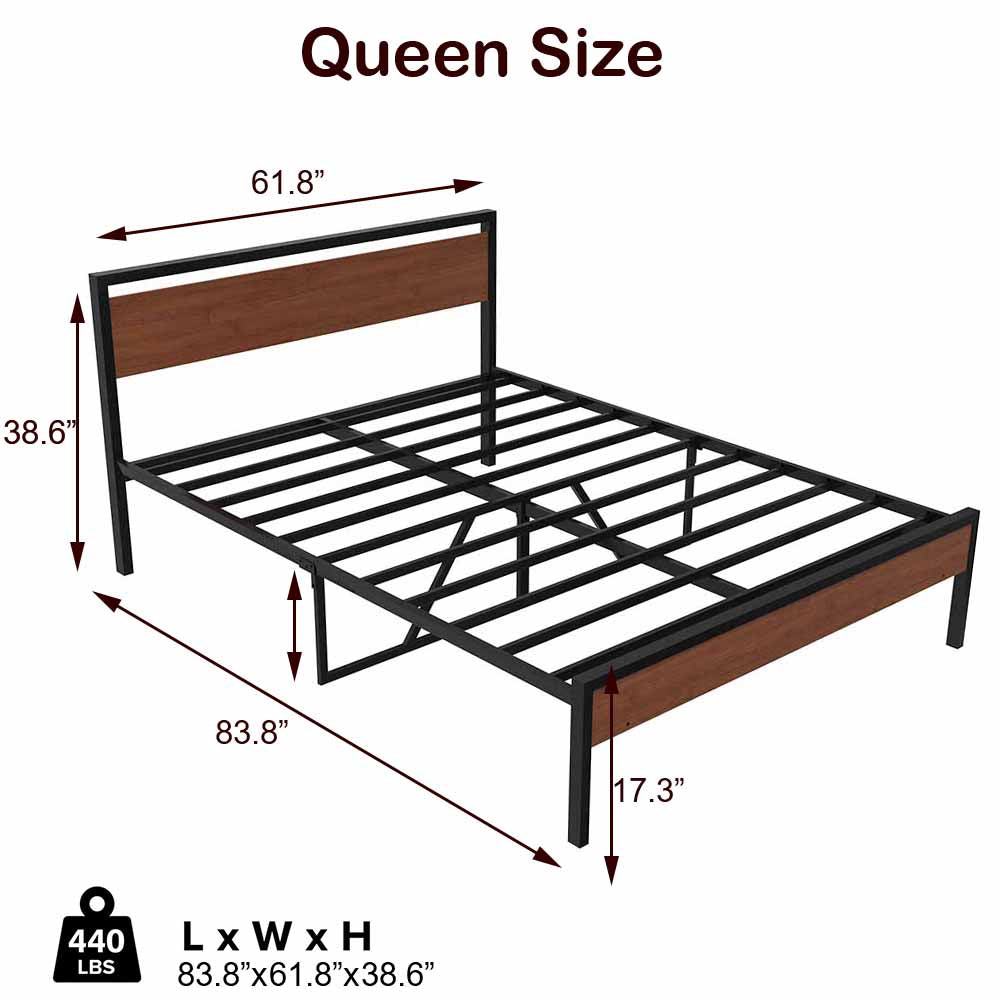 BTMWAY Queen Size Platform Bed Frame with Wood Headboard, No Box Spring Needed, Modern Bed Frame with Under-Bed Storage, Noise-Free Design, Easy Assembly, Sturdy Iron Slats, Black