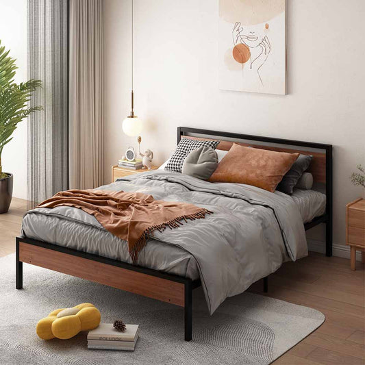 BTMWAY Queen Size Platform Bed Frame with Wood Headboard, No Box Spring Needed, Modern Bed Frame with Under-Bed Storage, Noise-Free Design, Easy Assembly, Sturdy Iron Slats, Black