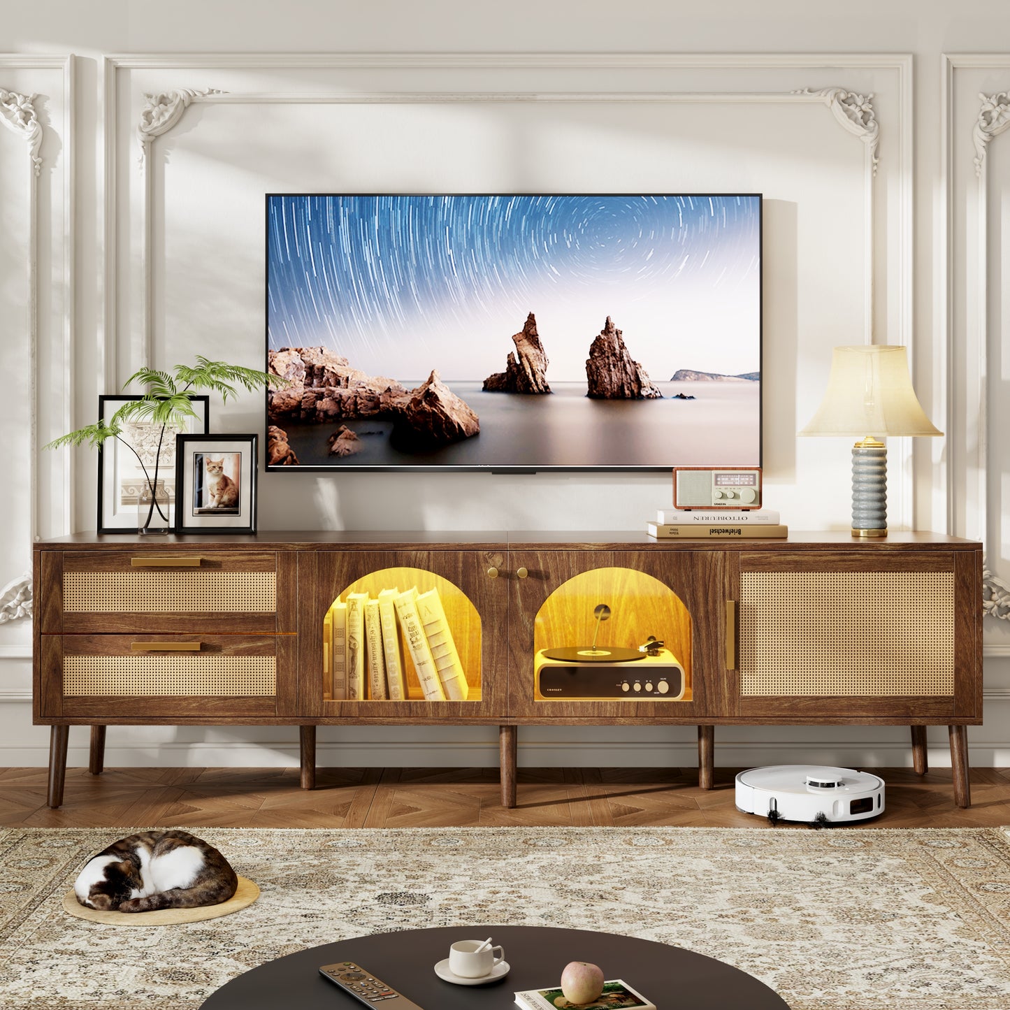 Rattan TV Stand for TVs up to 85", BTMWAY TV Stand, Modern Farmhouse Entertainment Center for TVs, Media Console with 2 Storage Drawer and Solid Wood Legs, TV Cabinet with Storage