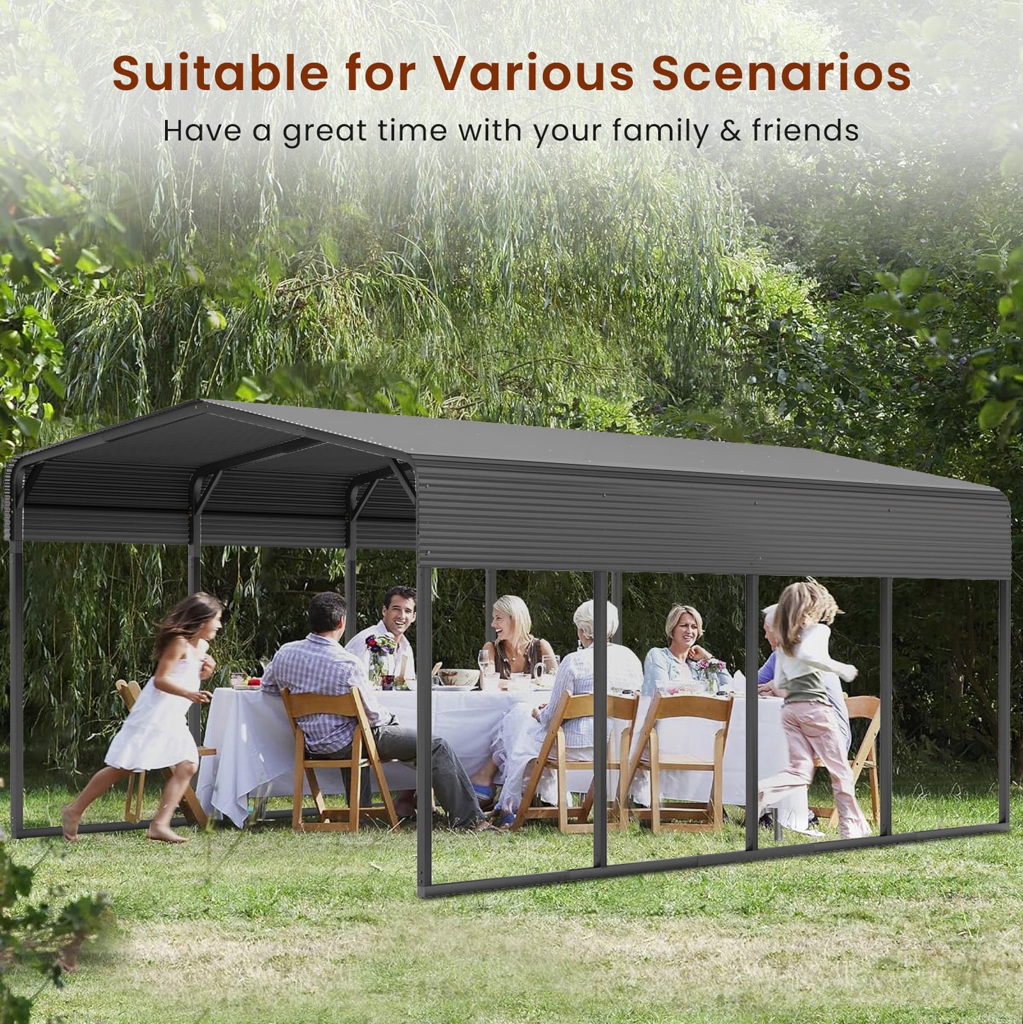 12 x 20 ft Carport Galvanized Steel Roof - 12' x 20' x 8.9' Multi-Use Shelter, Sturdy Metal Carport for Cars, Boats, and Tractors