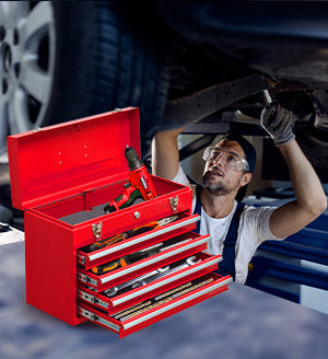 BTMWAY 20.3" Metal Tool Box with 4 Drawers and Deep Top Box, Portable Steel Tool Chest with Metal Cylinder Lock and Latch Closure, for Garage, Warehouse, and Outdoor Repair Jobs, Red