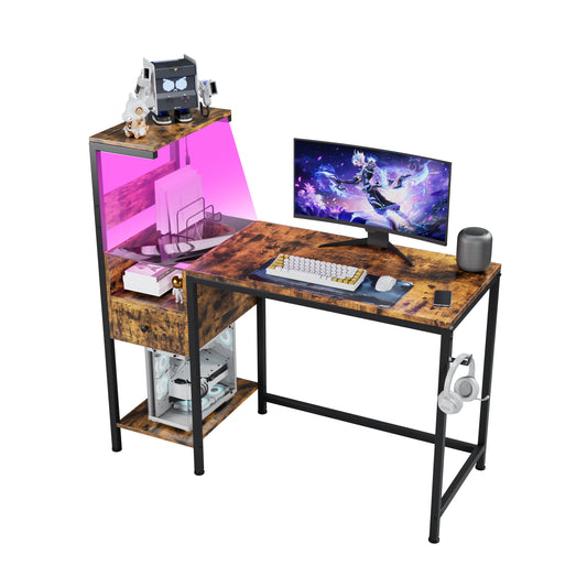 BTMWAY 48" Computer Desk with Drawers and Storage Shelf, Work Desk for Home Office, Study Table with Led Lights Power Outlet, USB Charging, 2 earphone hooks, Brown
