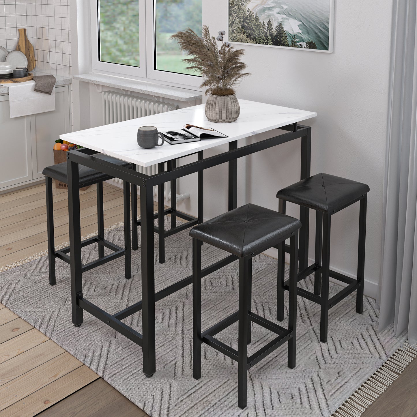 Brown Dining Table Set for 4, BTMWAY Contemporary Counter Height Dining Set with PU Leather Padded Chairs, High Top Pub Table Set, Metal Kitchen Dining Room Breakfast Nook Table Set with 4 Chairs